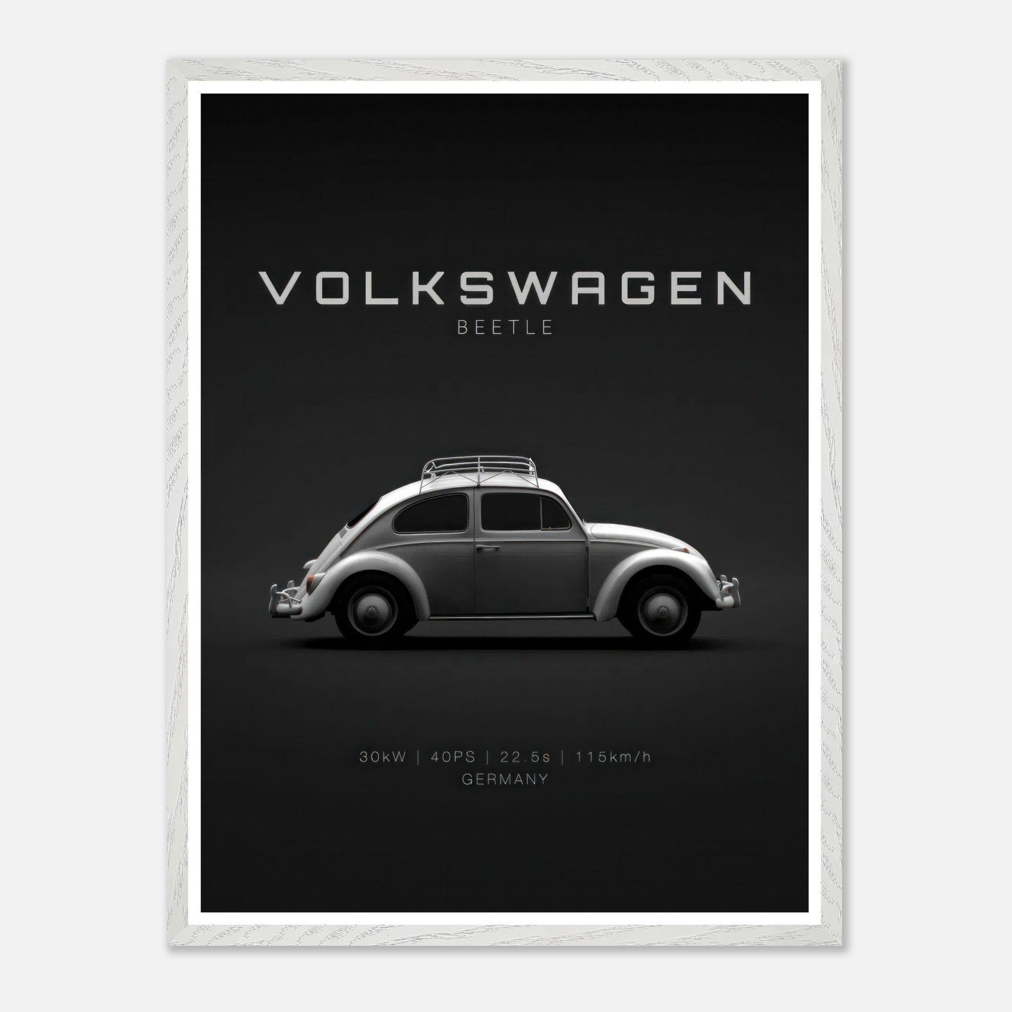Volkswagen Beetle vintage framed art featuring classic design on minimalist black background.