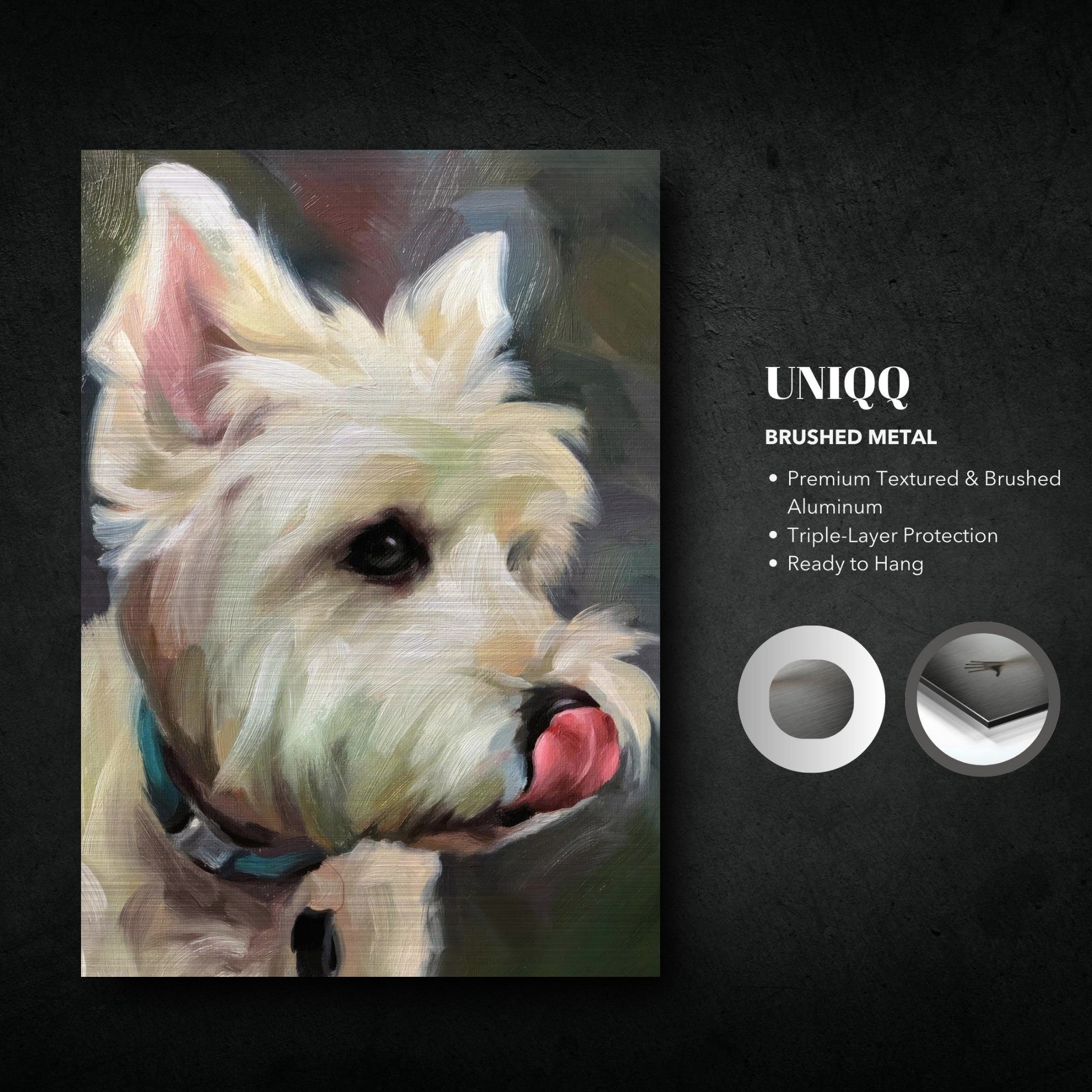 Westie dog painting on brushed metal, showcasing the playful nature of the West Highland White Terrier.