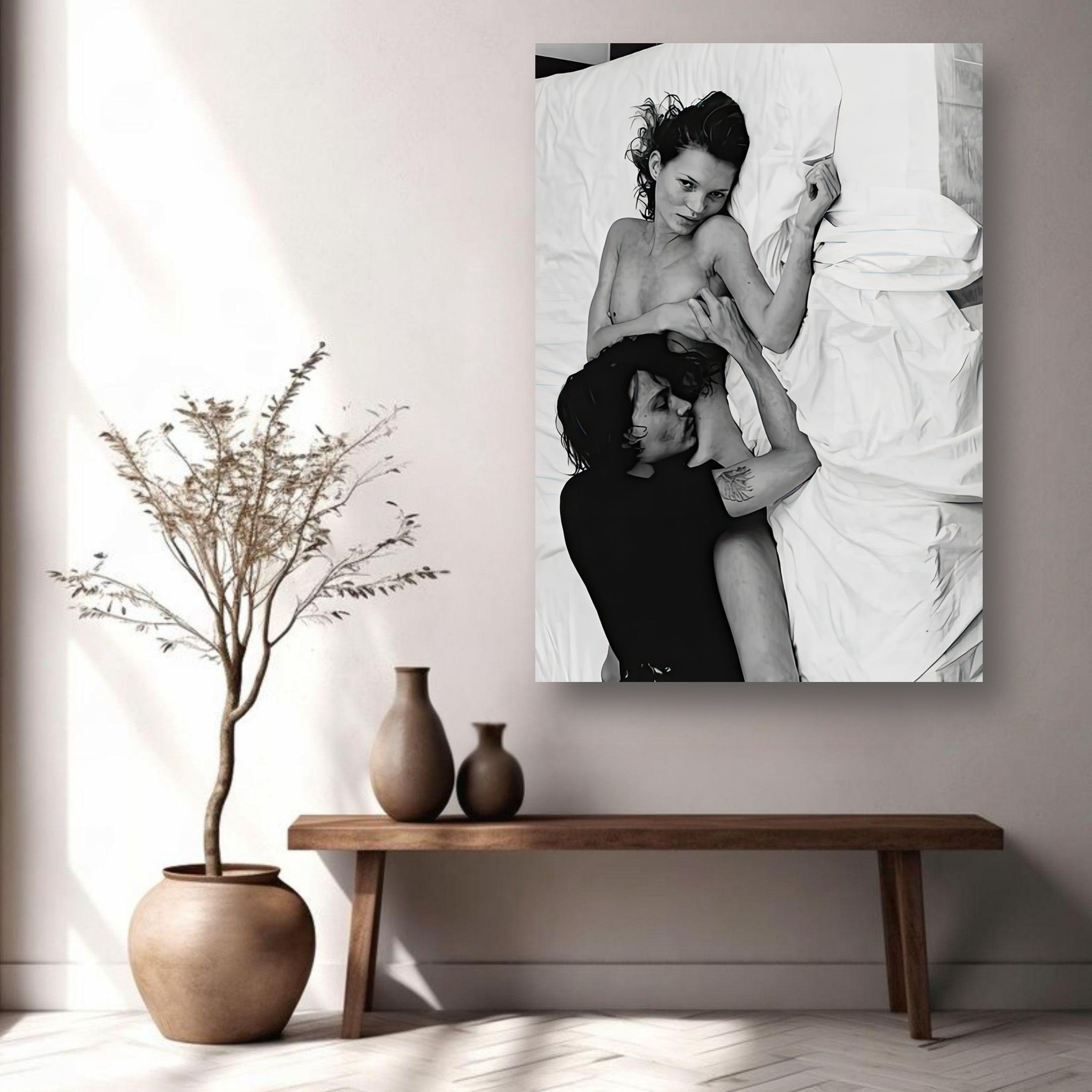 Black-and-white metal print of a couple in an intimate pose on a bed, emulating 1990s romance.