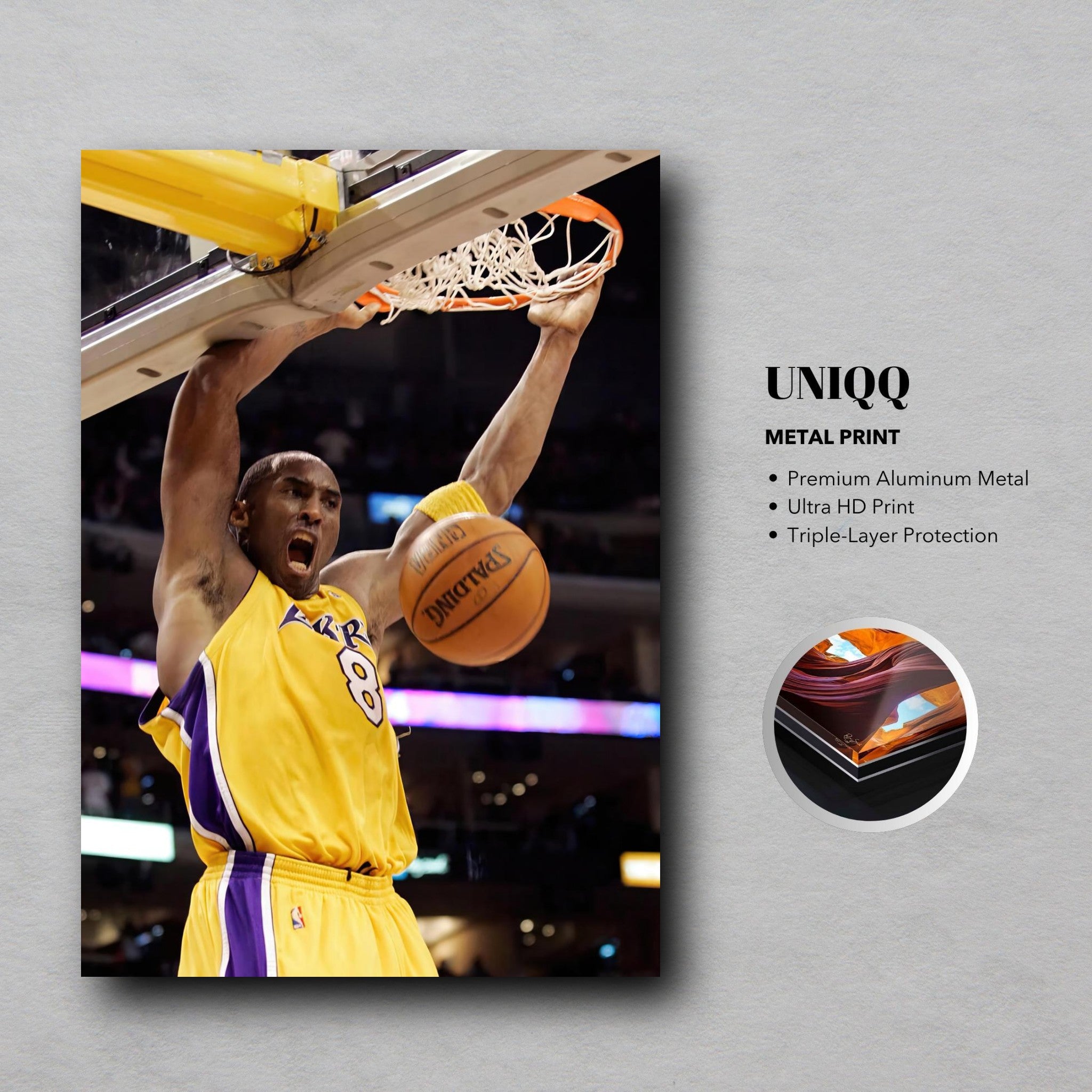 Kobe Bryant's iconic slam dunk captured in a high-definition metal print, showcasing his athleticism and passion for basketball.
