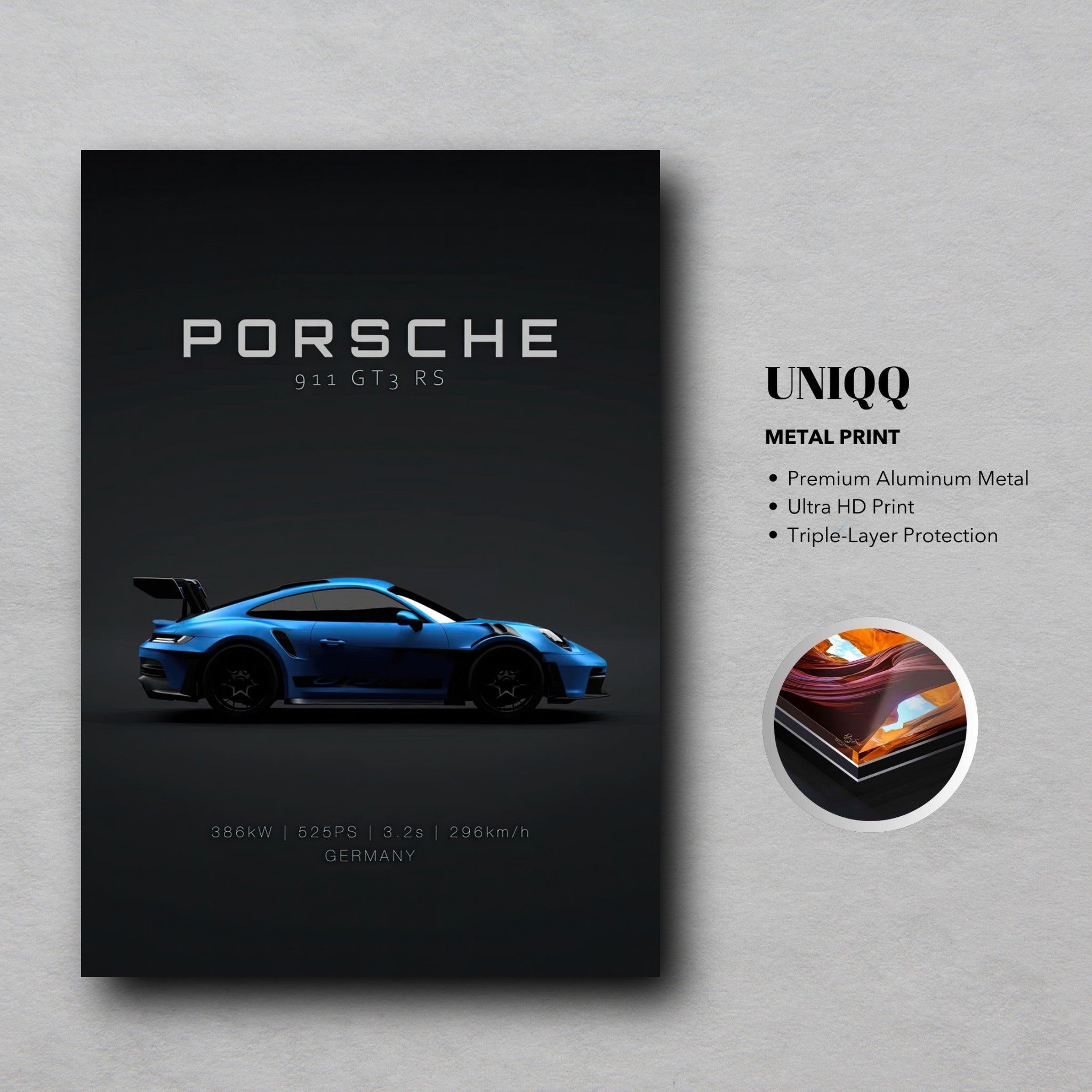 Porsche 911 GT3 RS metal print showcasing sleek design on a dark background with premium aluminum finish.