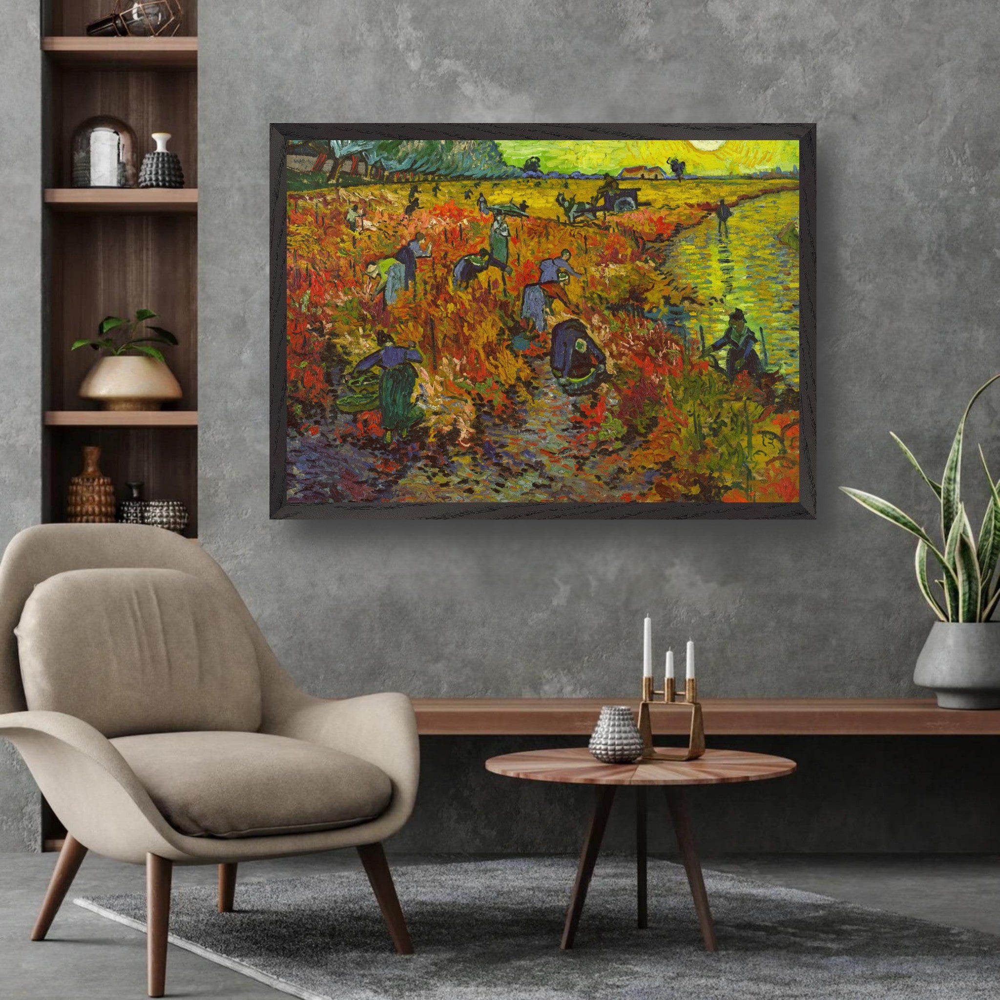 Vincent van Gogh's The Red Vineyard Giclée print displayed in a modern living room setting.
