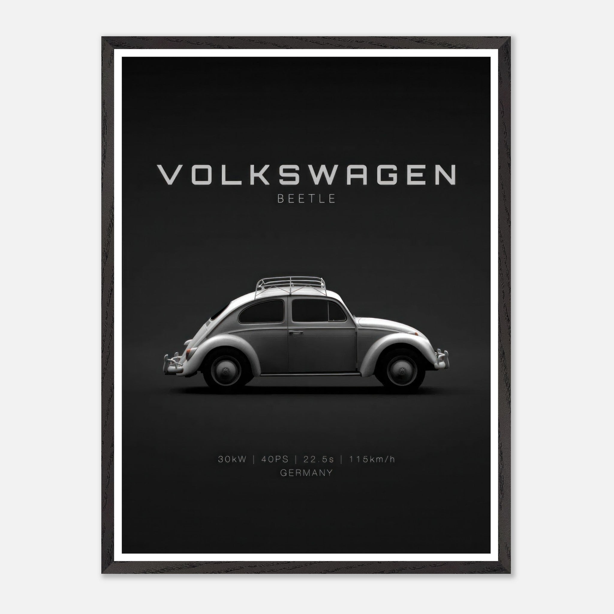 Vintage framed art of a Volkswagen Beetle on a black background, showcasing its iconic profile and design details.