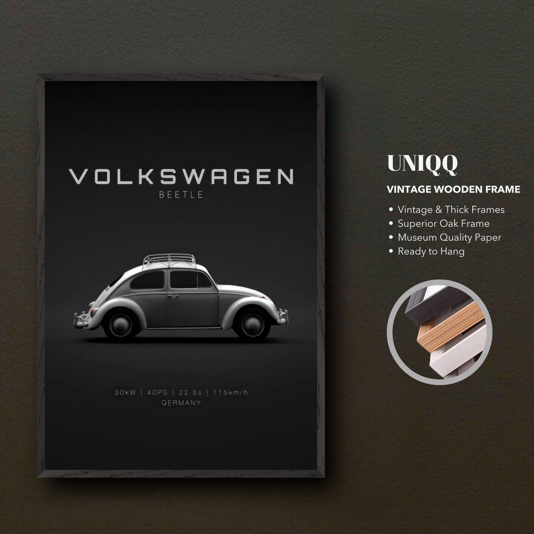 Volkswagen Beetle vintage framed art featuring a sleek design on a black background, encased in a quality oak frame.
