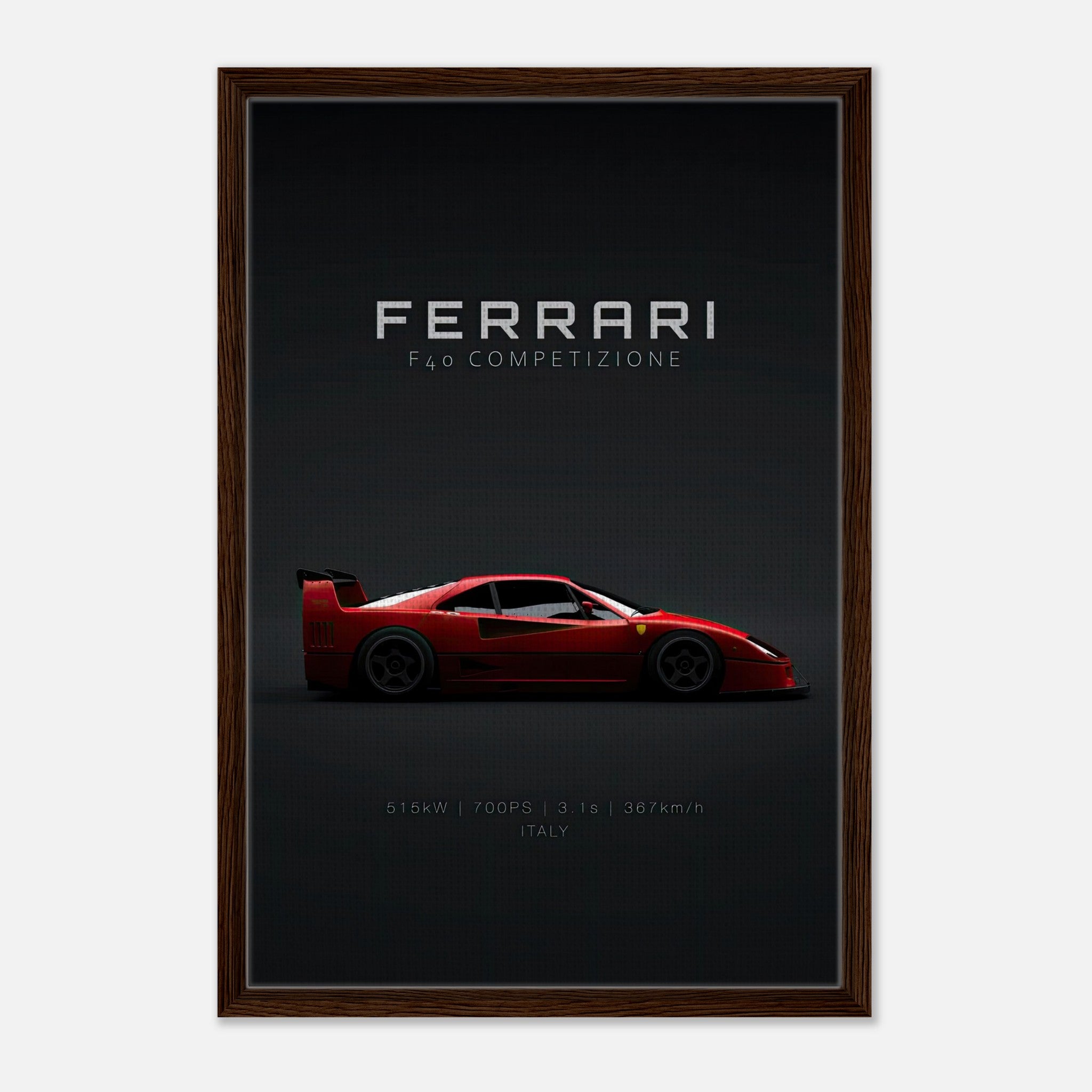 Ferrari F40 Competizione framed canvas artwork features sleek red supercar on minimalist black background.