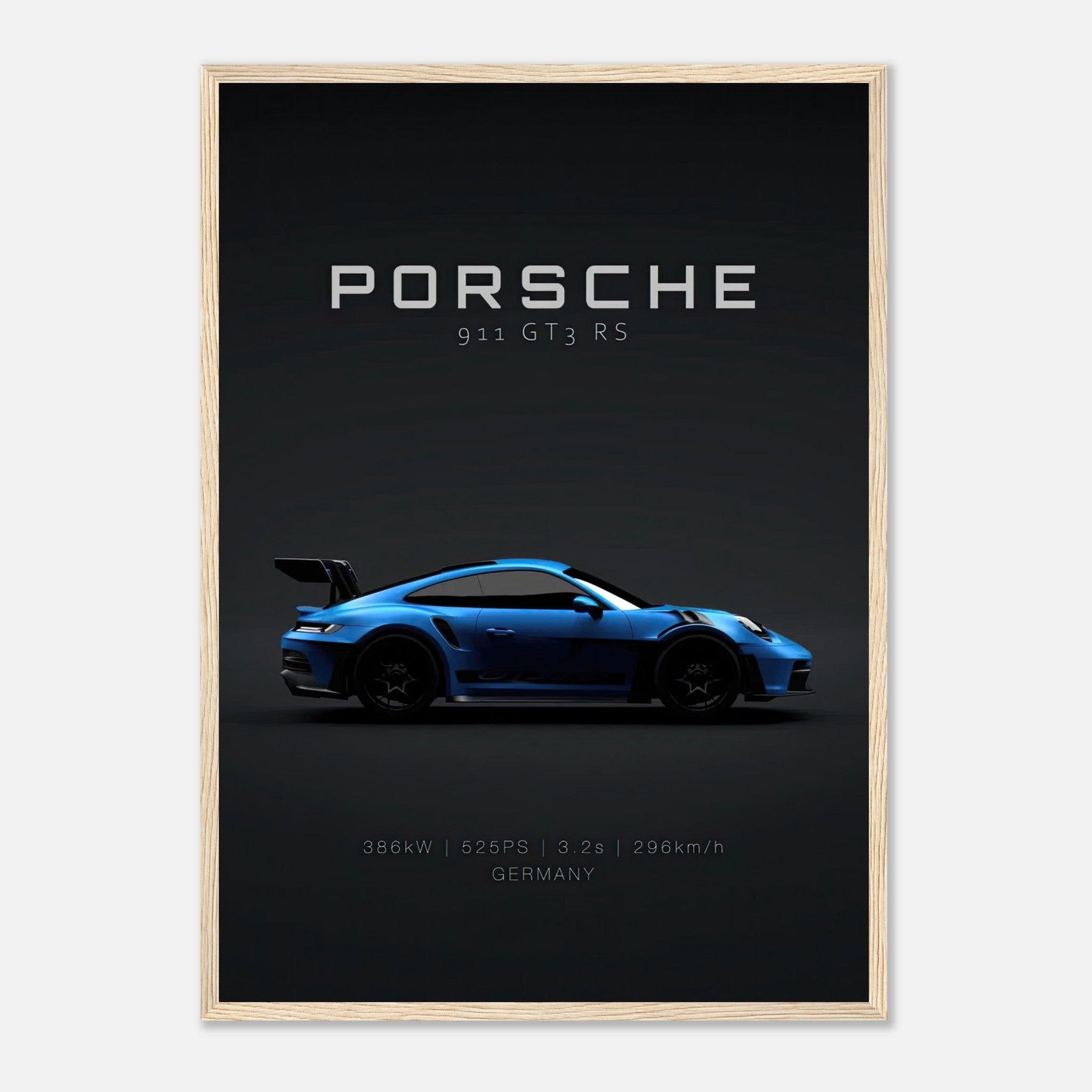 Framed poster of Porsche 911 GT3 RS in sleek blue, featuring performance stats and elegant design.