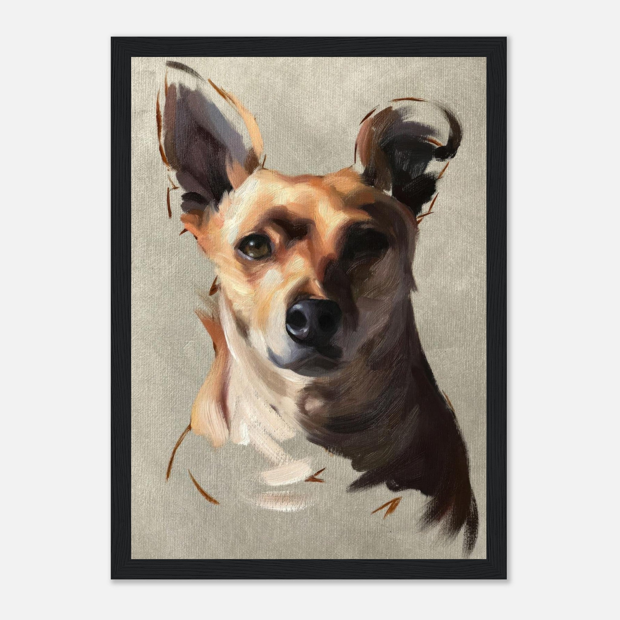 Chihuahua dog painting framed print showcasing detailed artwork with expressive brushstrokes on a soft background.