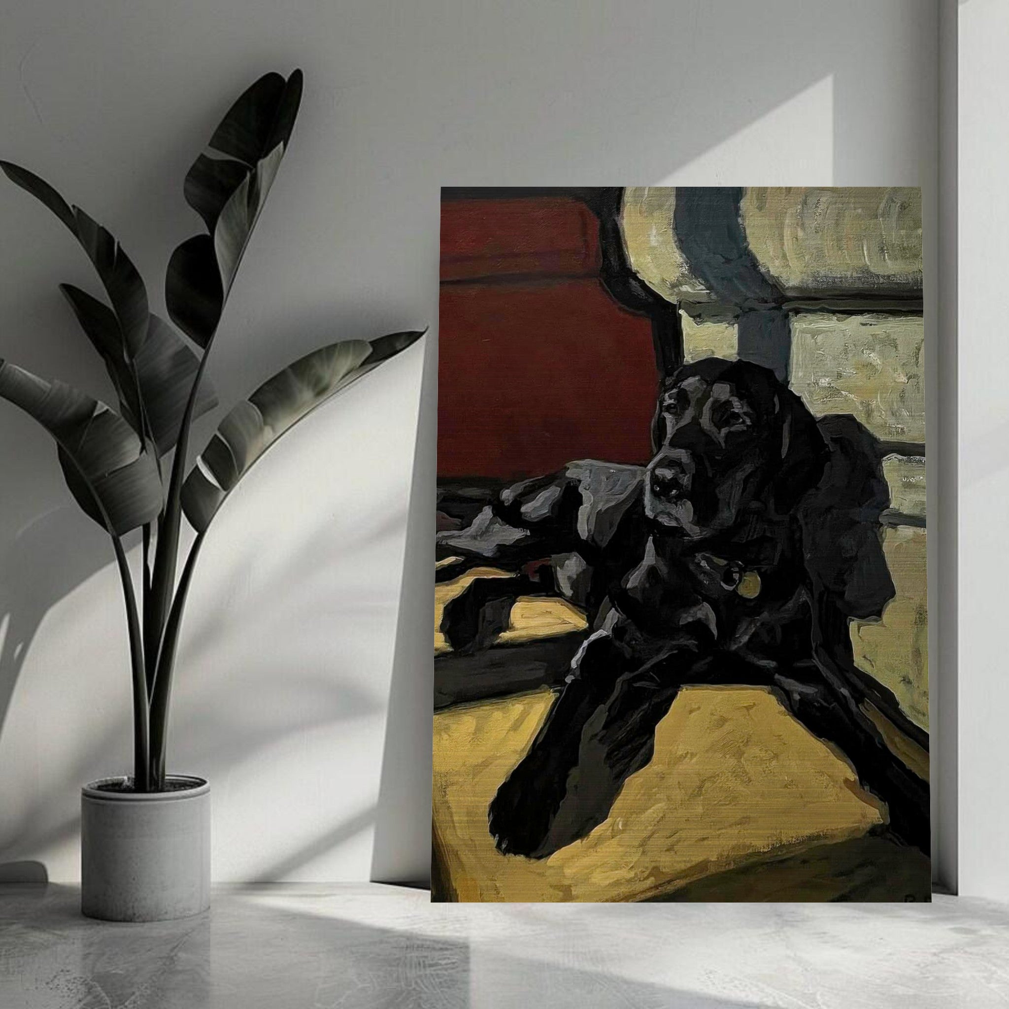 Black Labrador dog painting on brushed metal, showcasing rich hues and bold brushstrokes for elegant decor.
