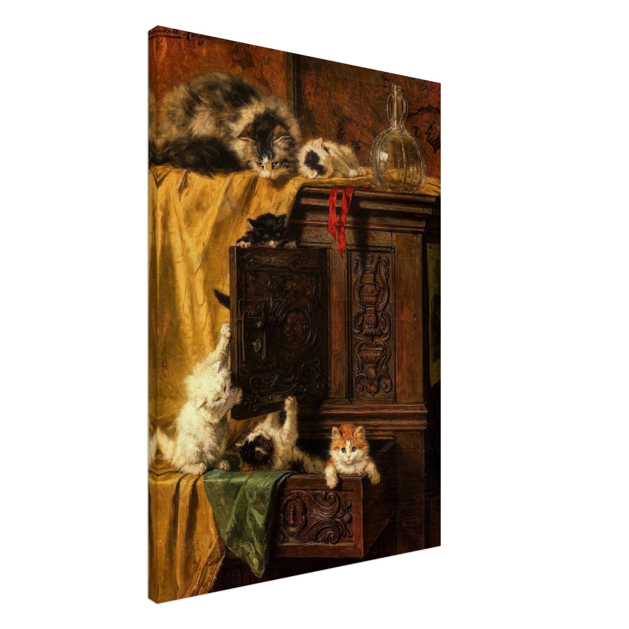 Vintage cat painting canvas print featuring playful kittens on a wooden cabinet, showcasing classic art charm.