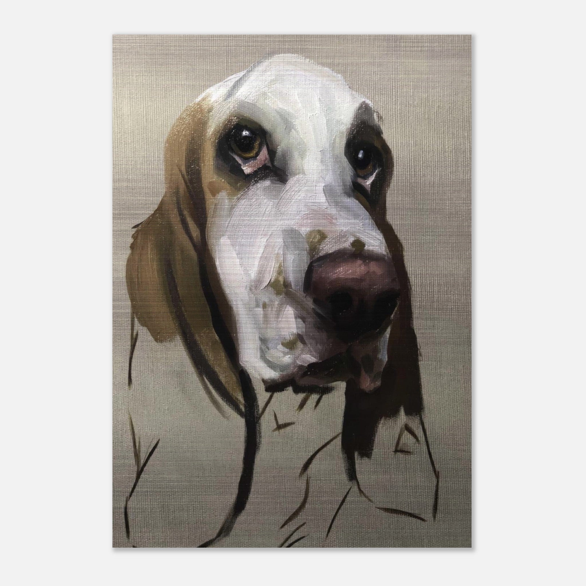 Basset Hound dog painting on brushed metal, featuring soulful eyes and textured artistry.