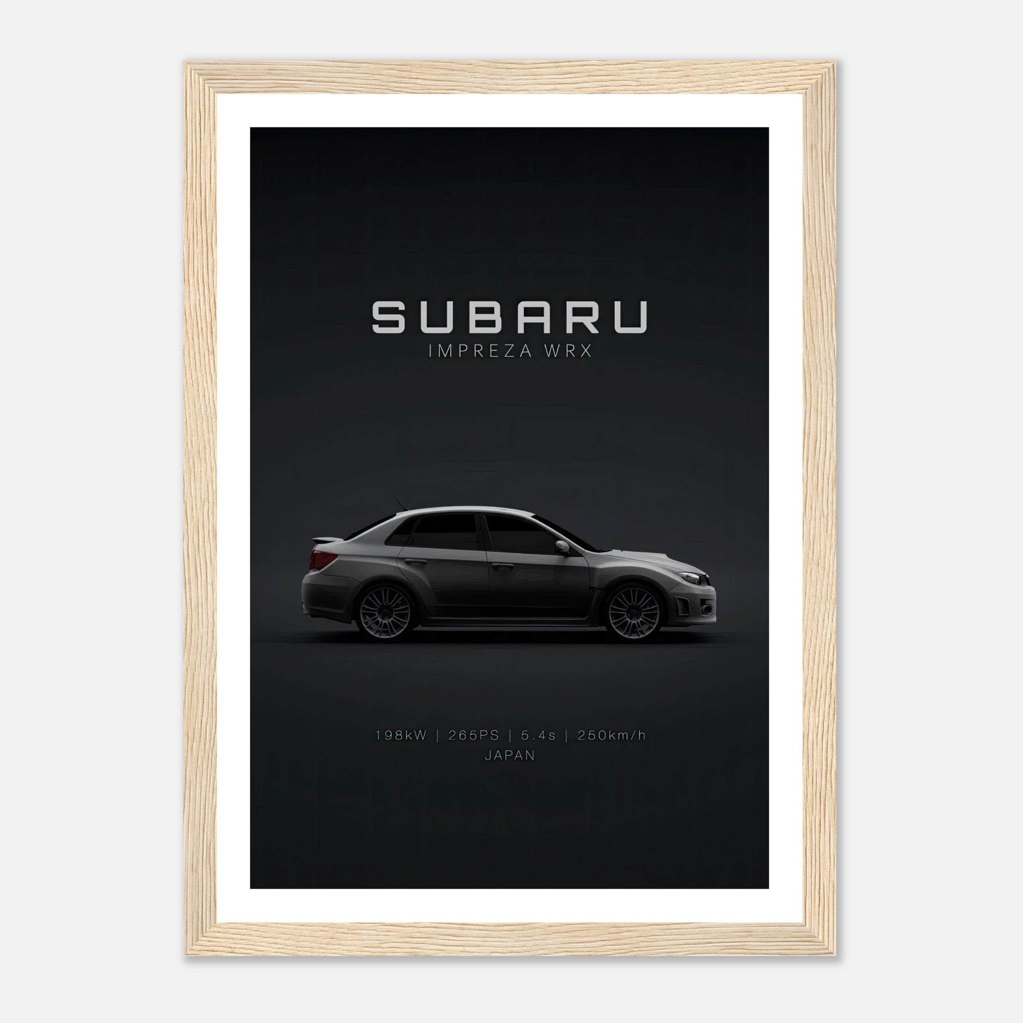 Framed poster of Subaru Impreza WRX showcasing sleek design and performance features on a dark background.