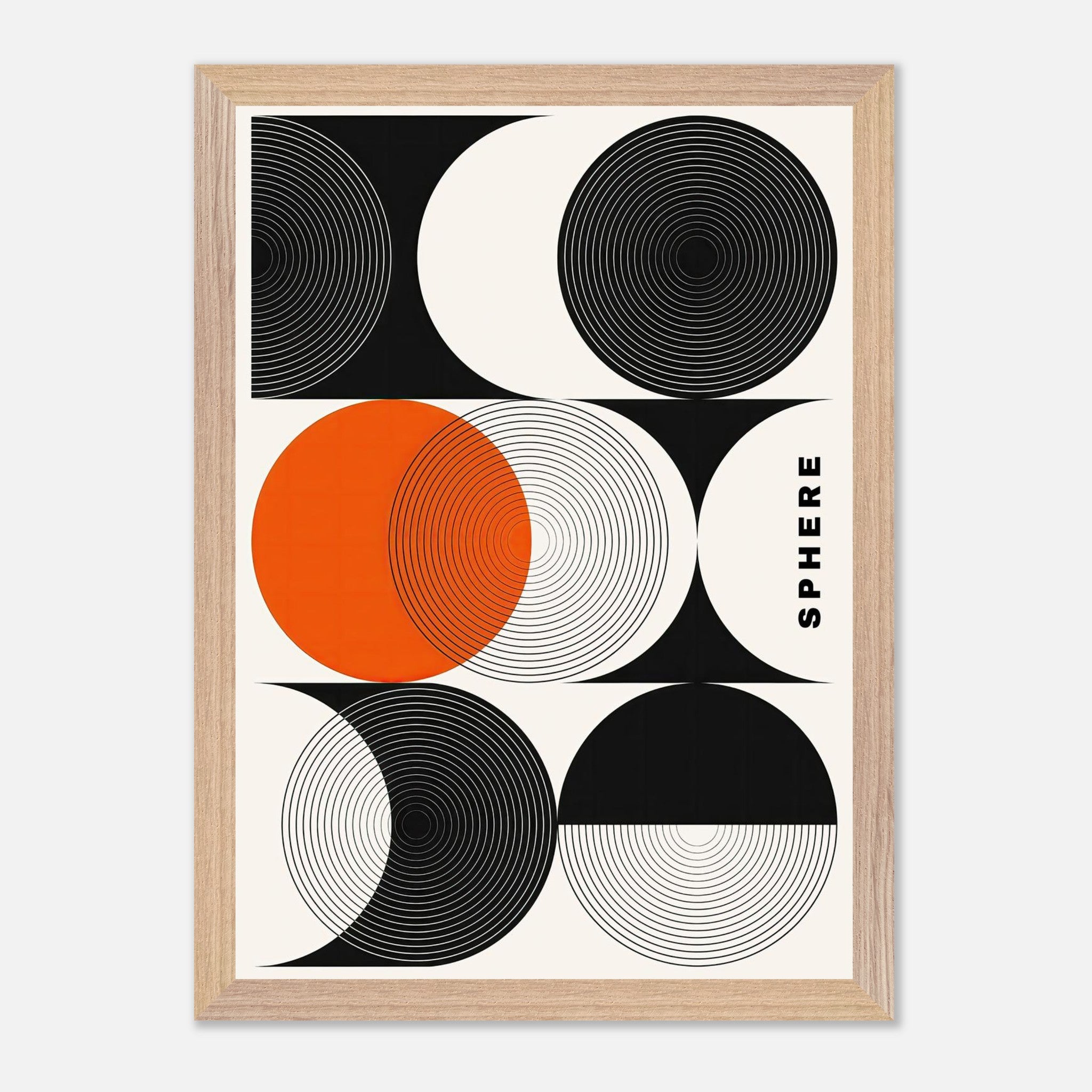 Abstract geometric sphere art print with concentric circles in black, white, and orange, framed in vintage style.