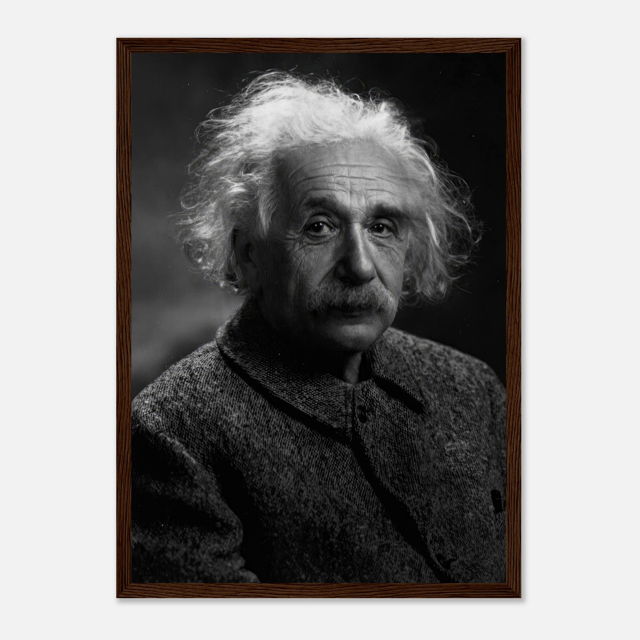 Framed portrait of Albert Einstein in black-and-white, showcasing his thoughtful expression and iconic features.