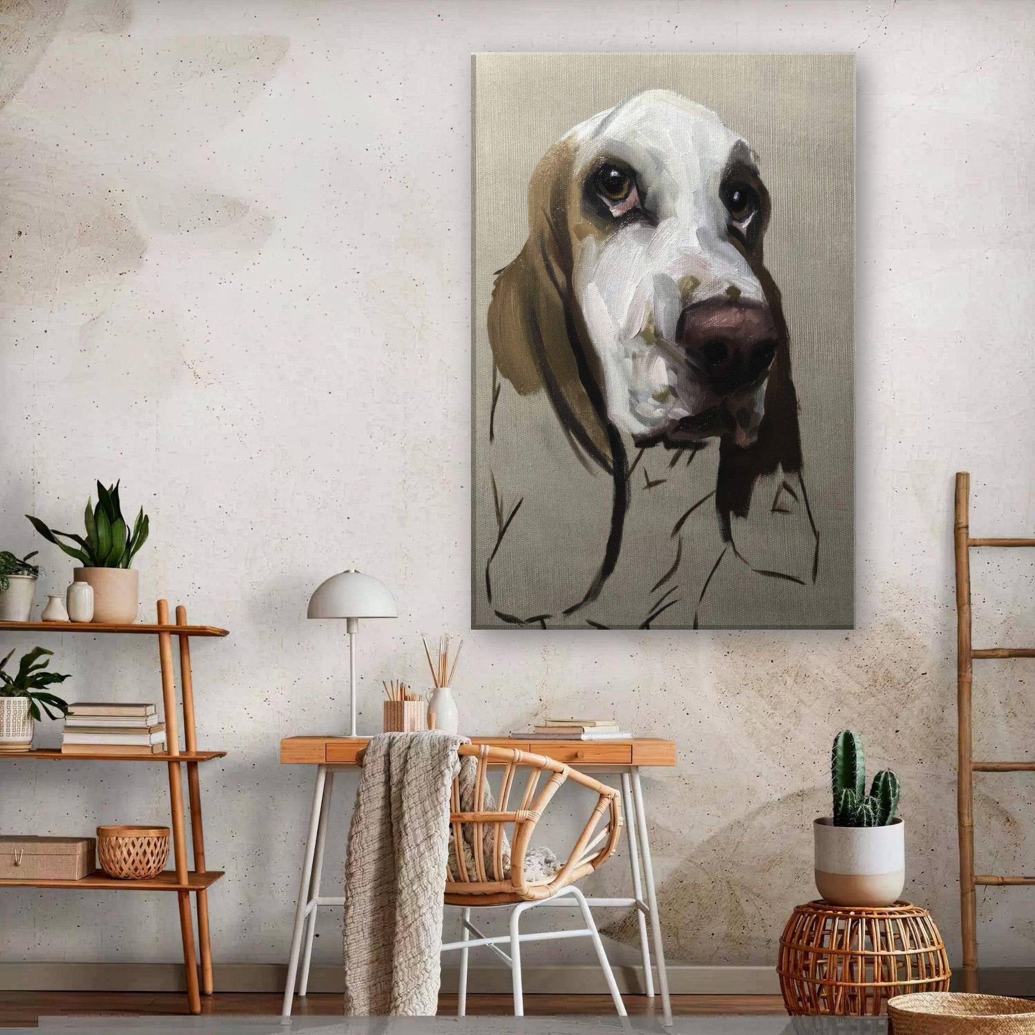 Basset Hound Dog painting on canvas print, showcasing soulful expression and droopy ears in a modern interior space.