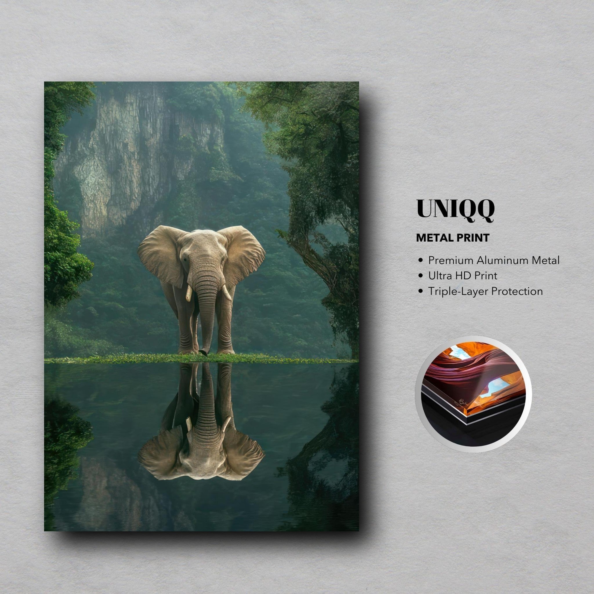 Jungle Elephant Portrait Metal Print showcasing an elephant by a tranquil water body amidst lush greenery.