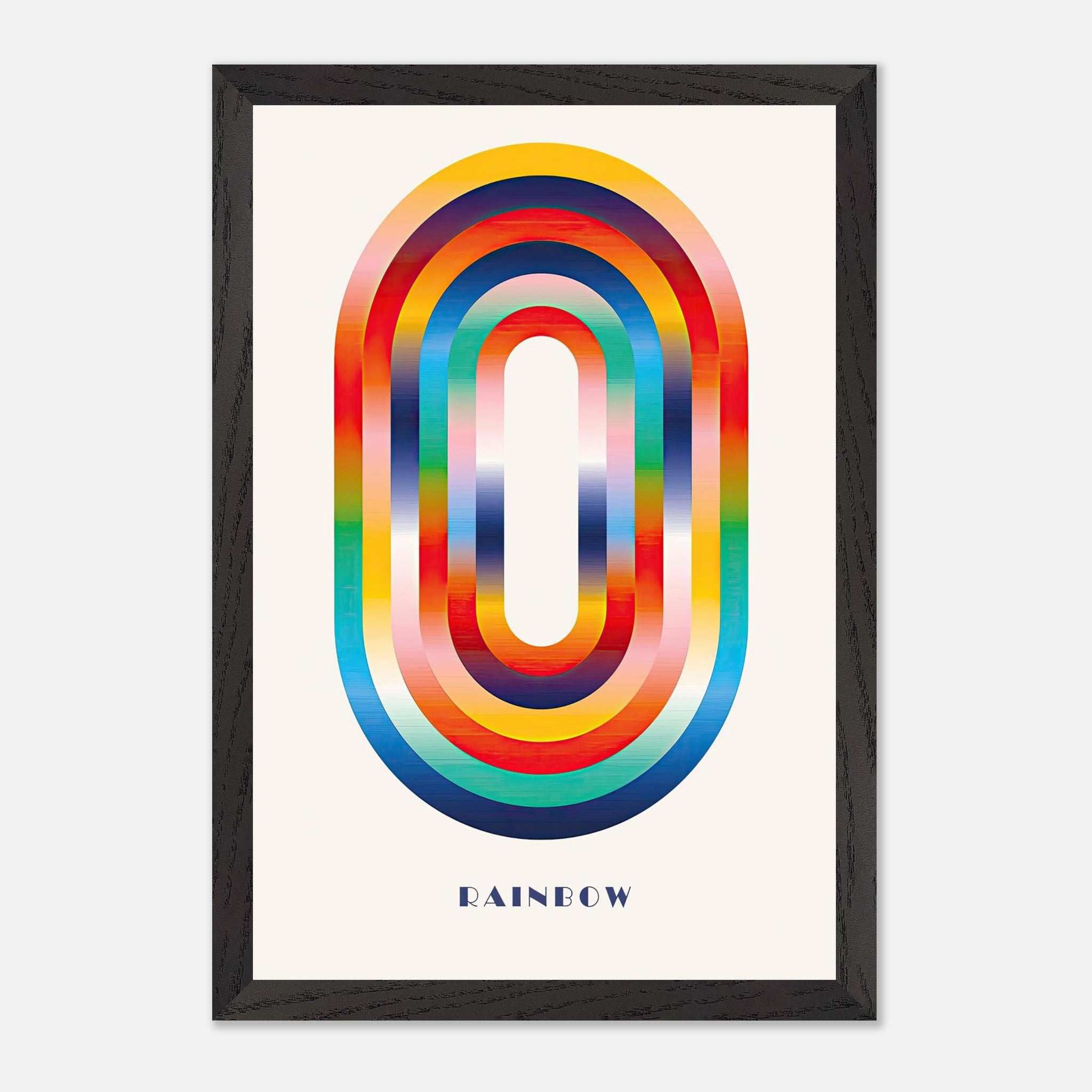 Abstract rainbow geometric art with bold arcs in vibrant hues, framed in black, adding a pop of color to any decor.