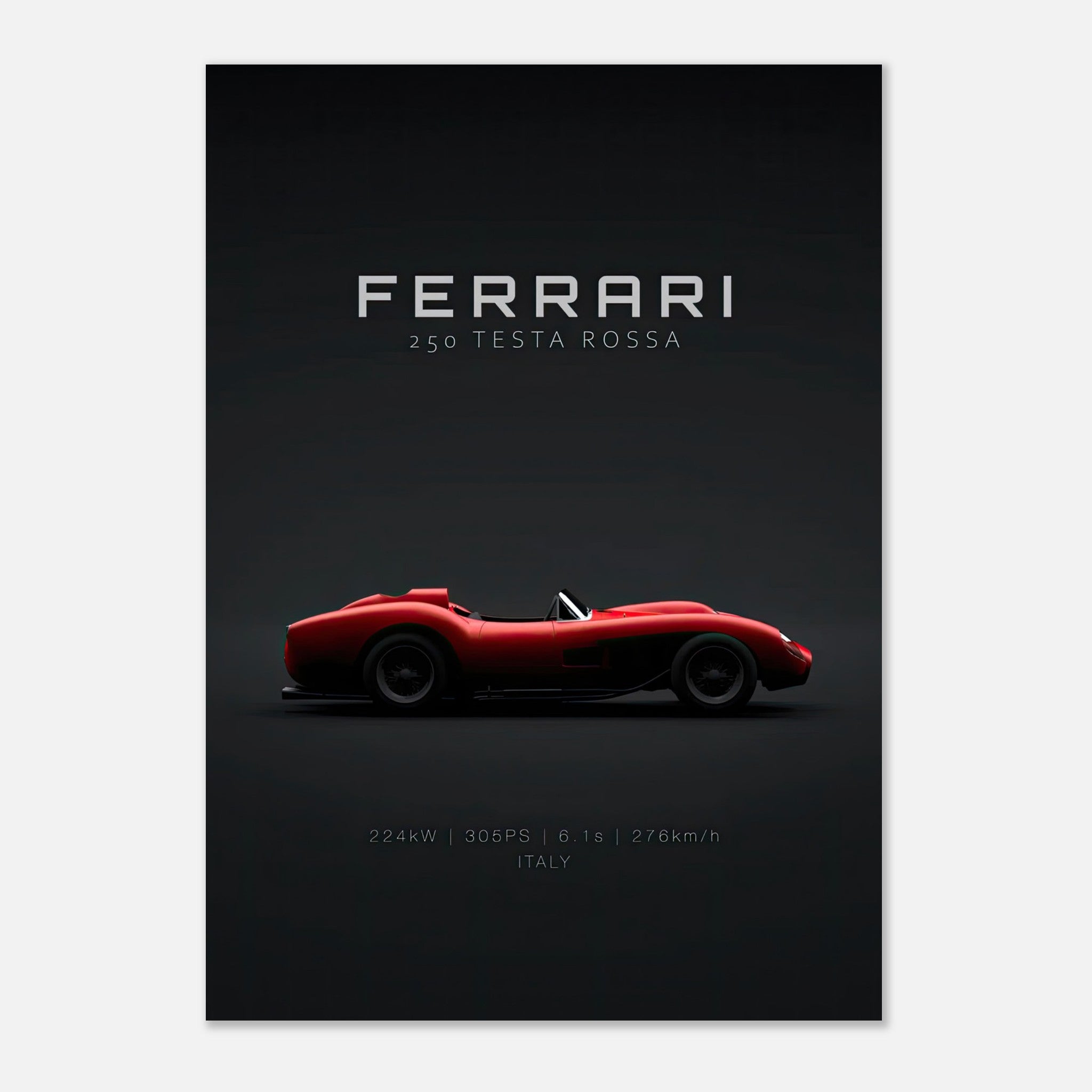 Ferrari 250 Testa Rossa poster featuring a sleek red sports car on a minimalist black background.