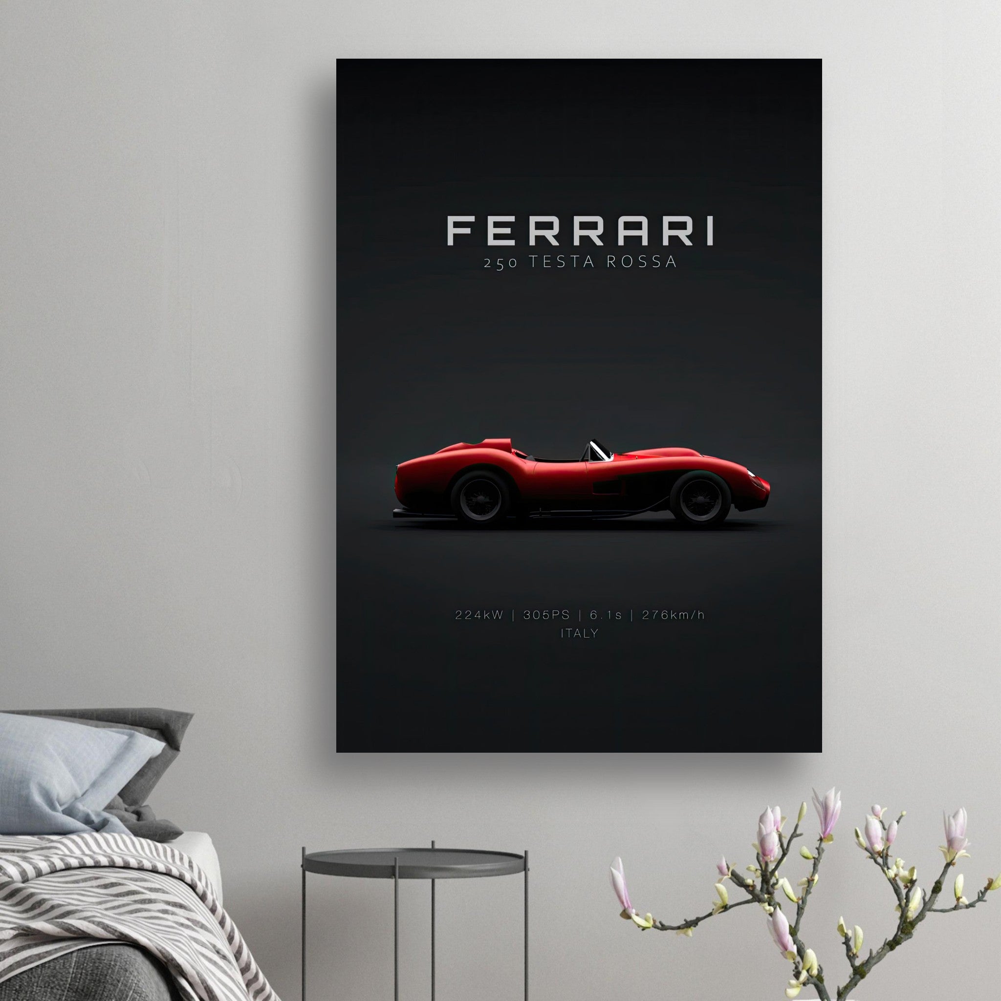 Ferrari 250 Testa Rossa poster featuring a sleek side profile on a minimalist black background.