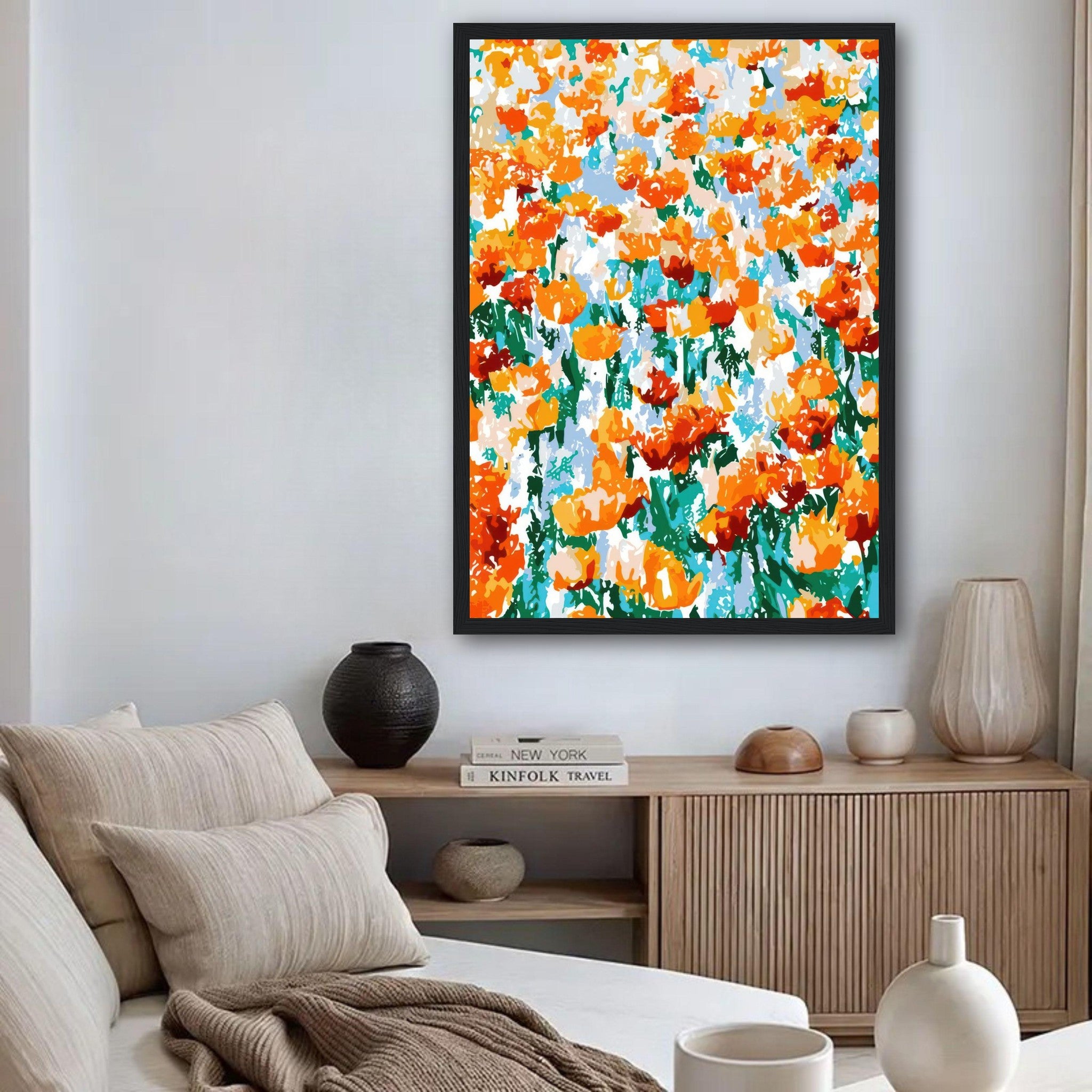 Colorful abstract tulip garden framed print in a modern living room setting.