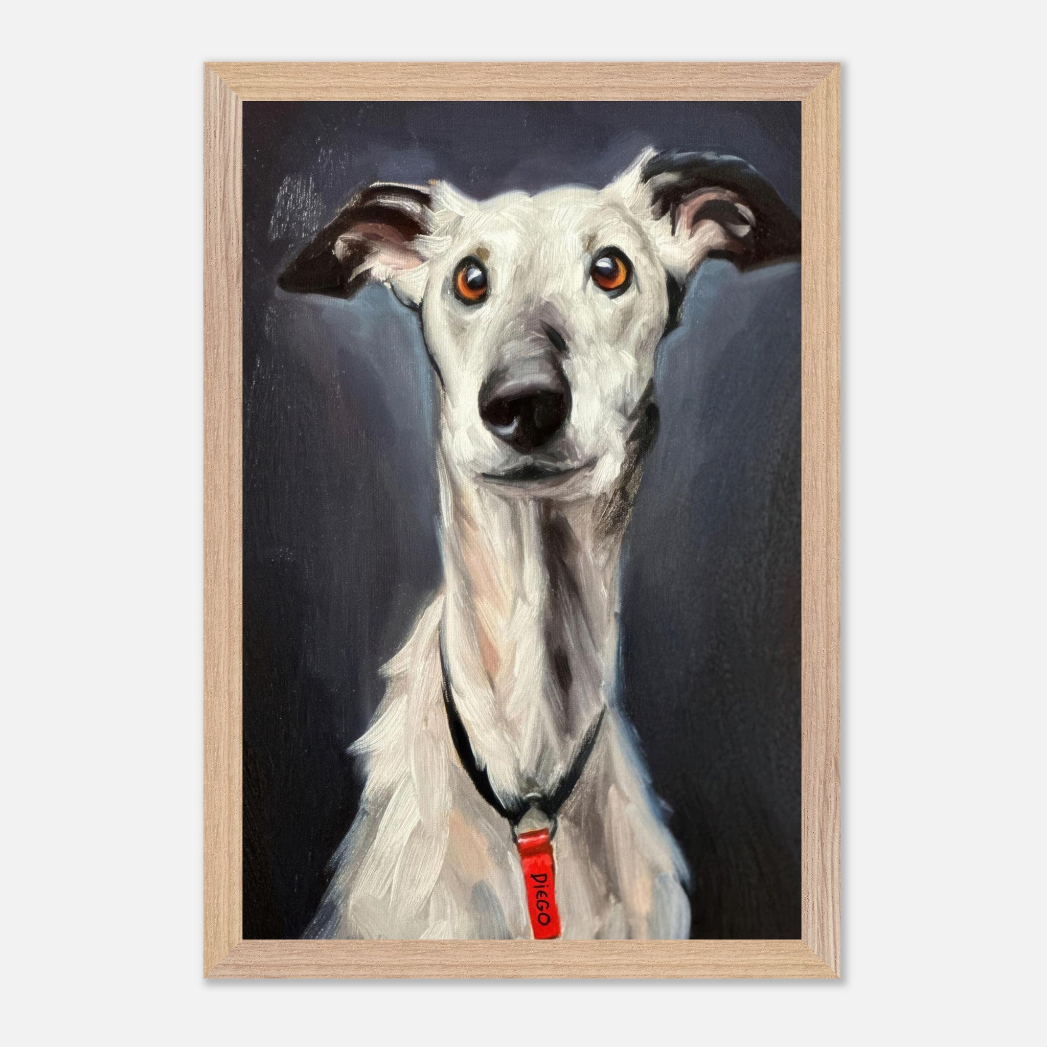 A striking fine art painting of a Greyhound dog with expressive eyes, showcasing its elegance and soulful demeanor.