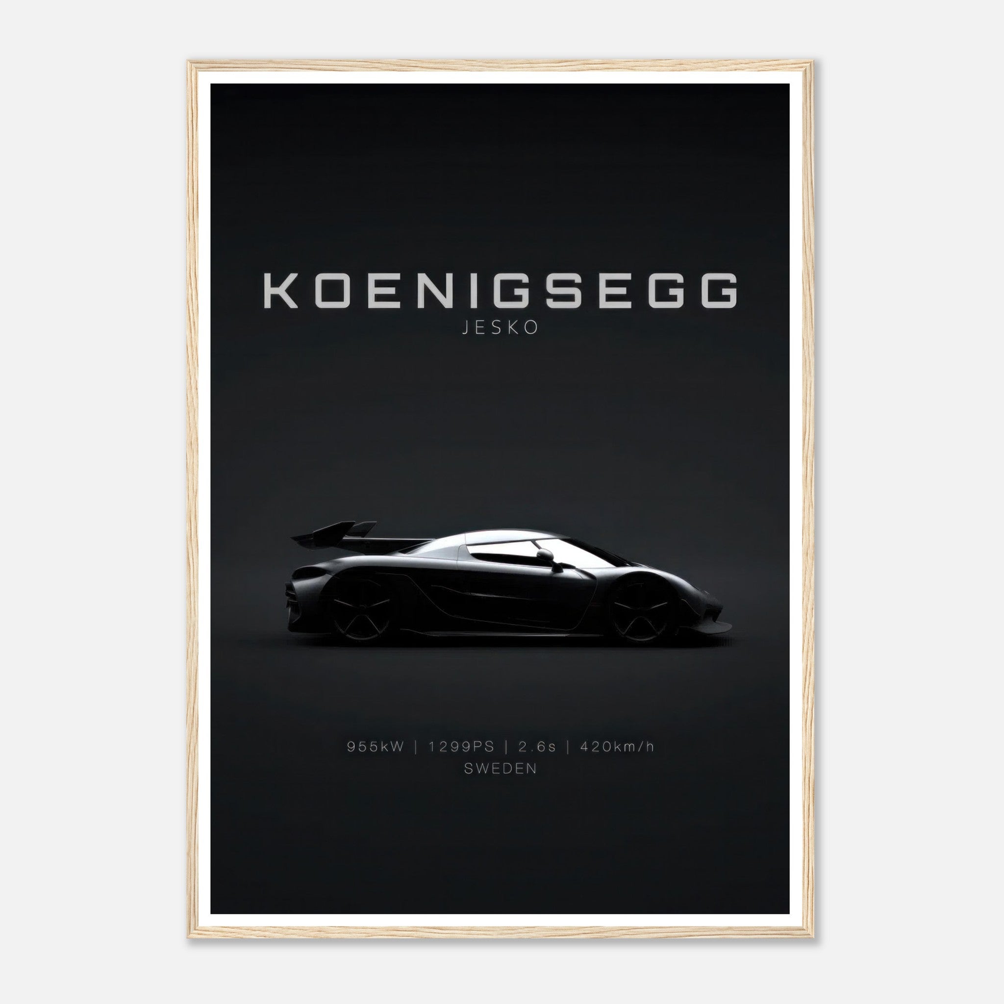 Koenigsegg Jesko framed poster showcasing the sleek hypercar against a minimalist black background.