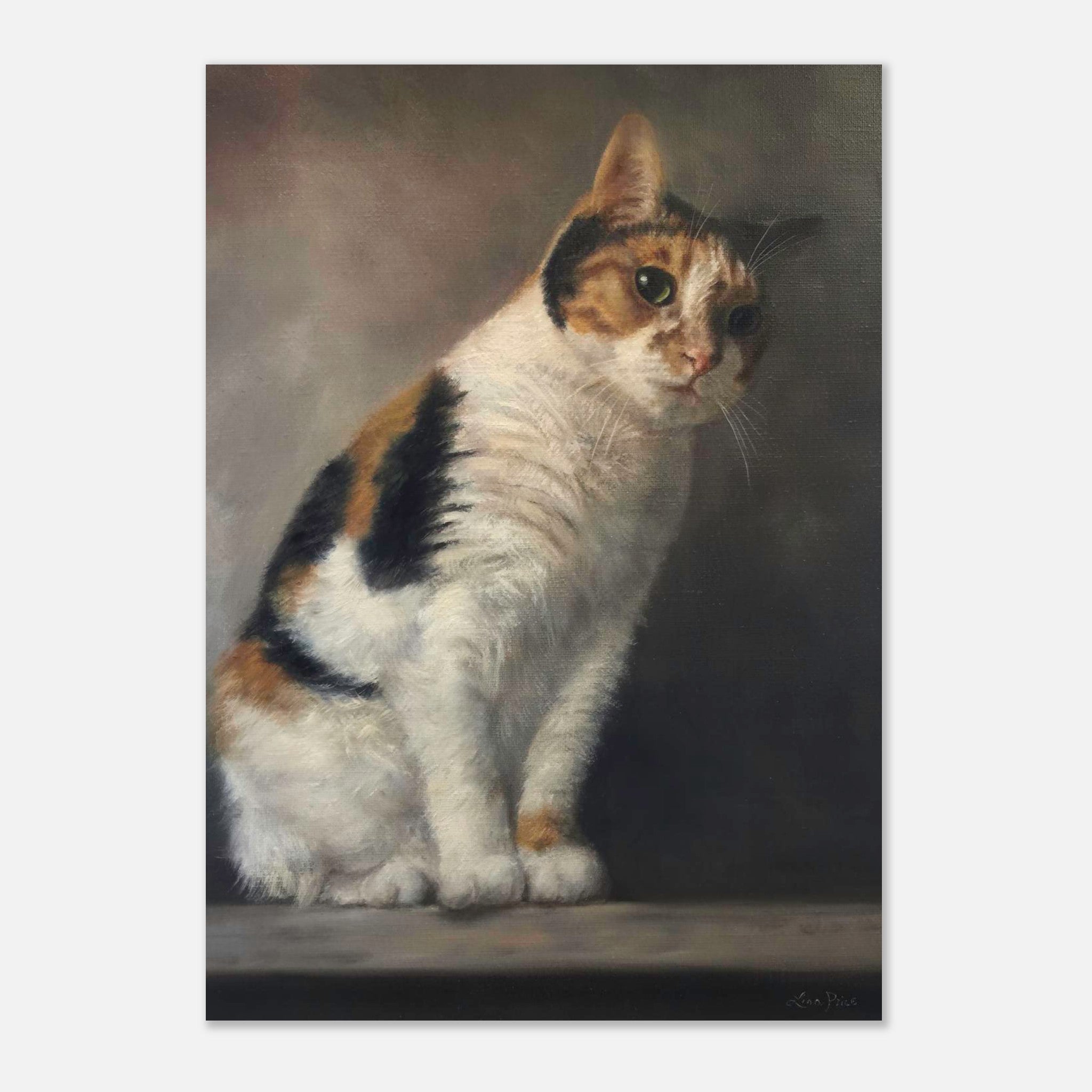 Realistic cat portrait painting poster featuring a sitting calico cat with lifelike textures and warm tones.