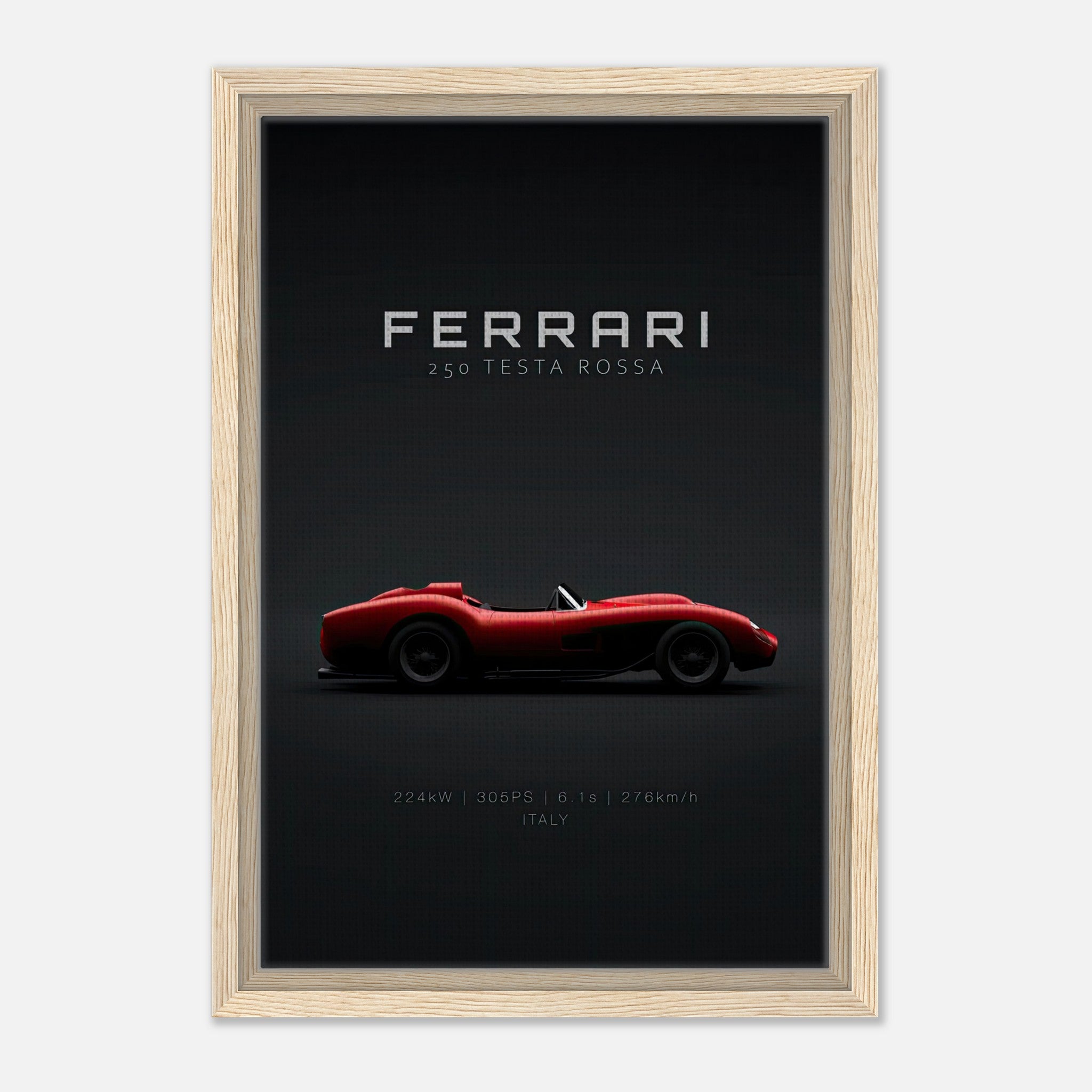 Framed canvas print of Ferrari 250 Testa Rossa on black background, showcasing iconic race car silhouette.
