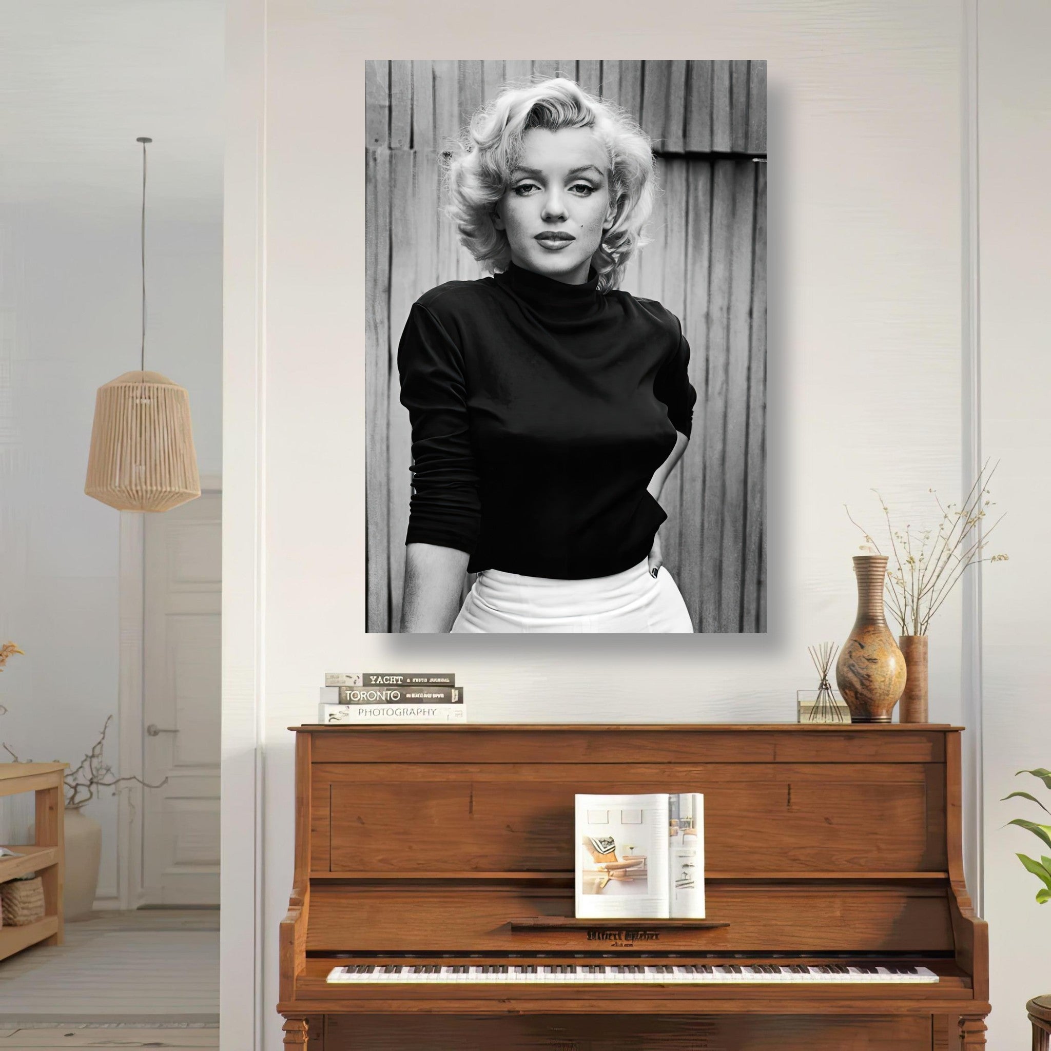 Marilyn Monroe portrait metal print displayed above a piano in a stylish room, showcasing Hollywood elegance.