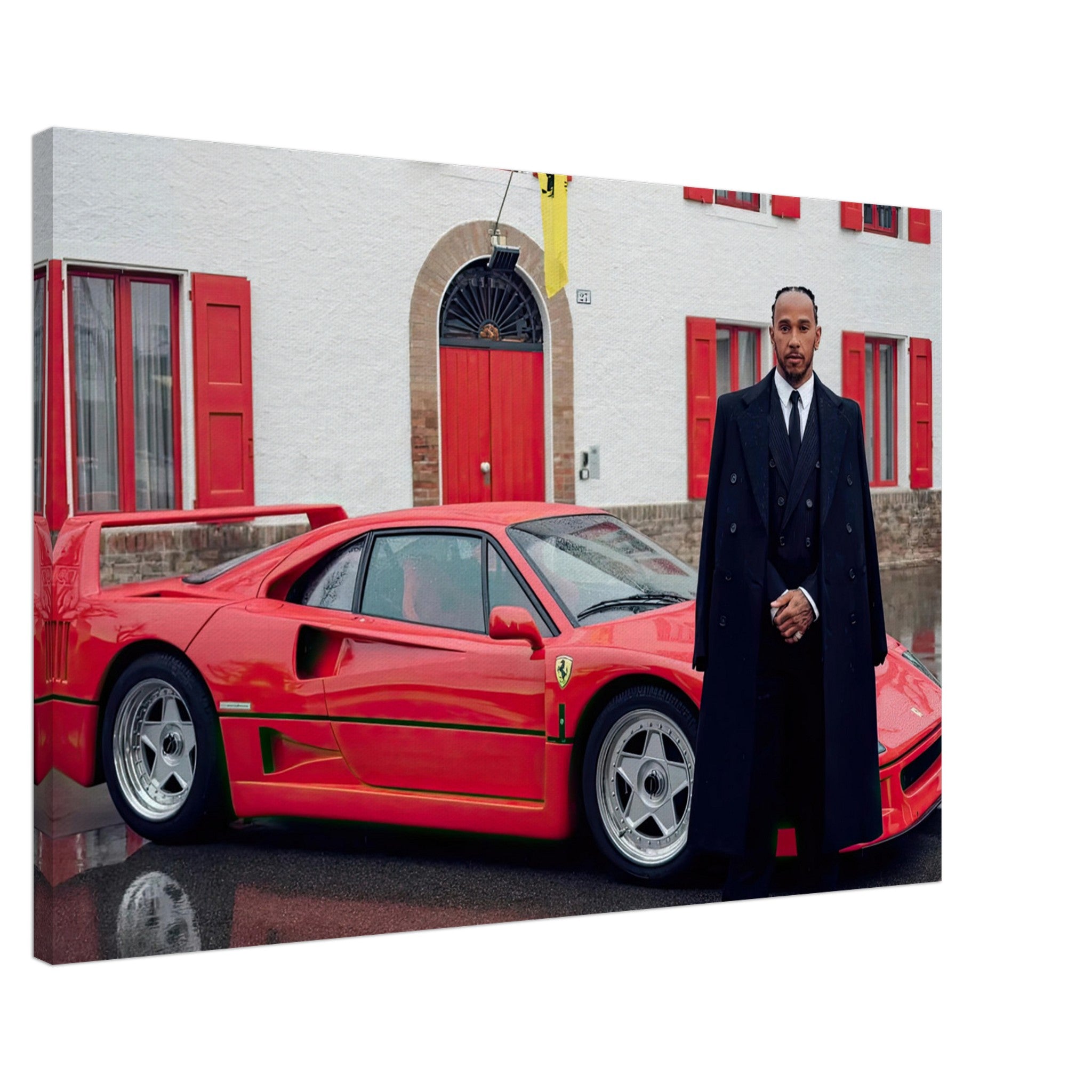 Lewis Hamilton beside a red Ferrari F40 in front of Enzo Ferrari's house, stunning canvas artwork for motorsport fans.