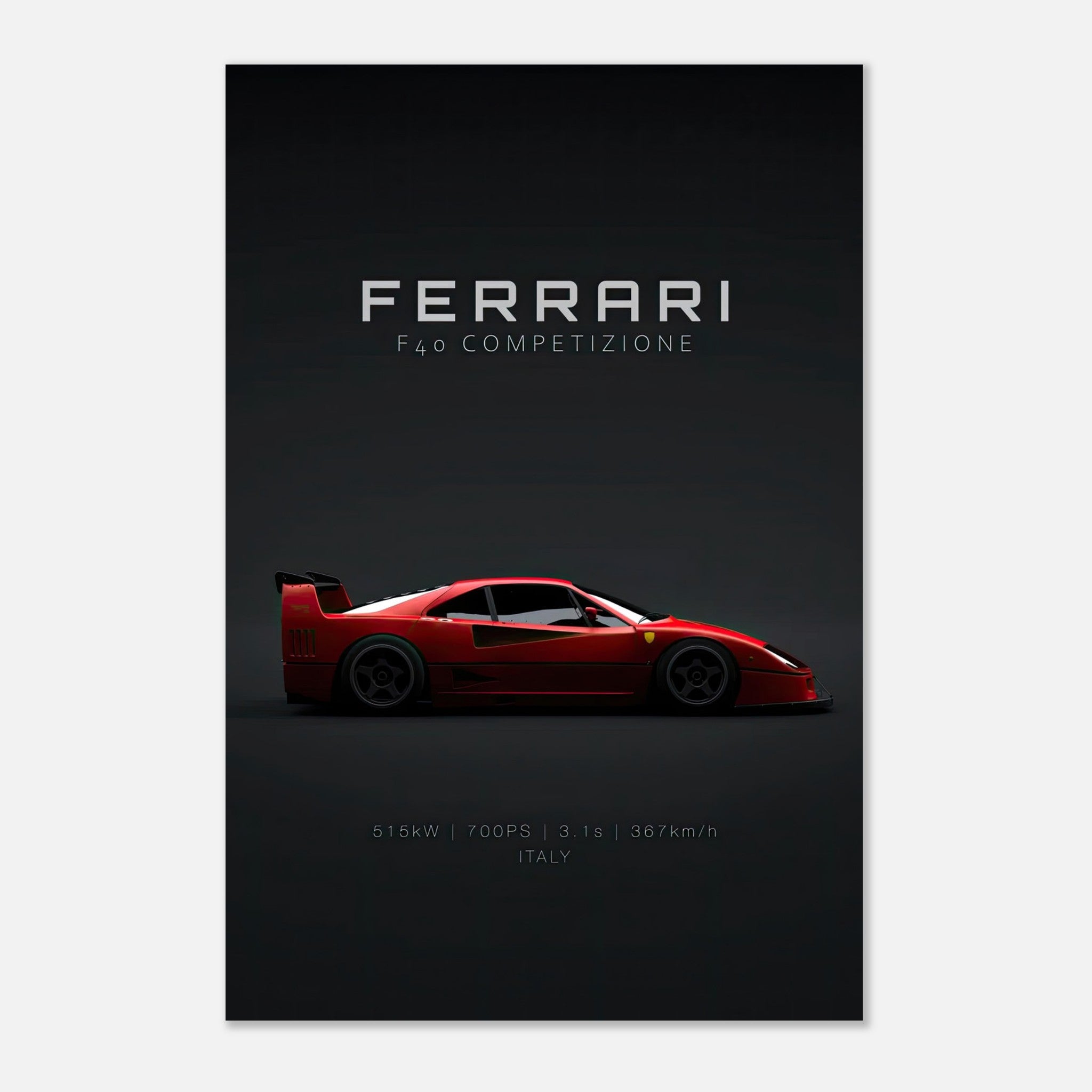 Ferrari F40 Competizione metal print showcasing a sleek red supercar profile with racing specs and minimalist design.