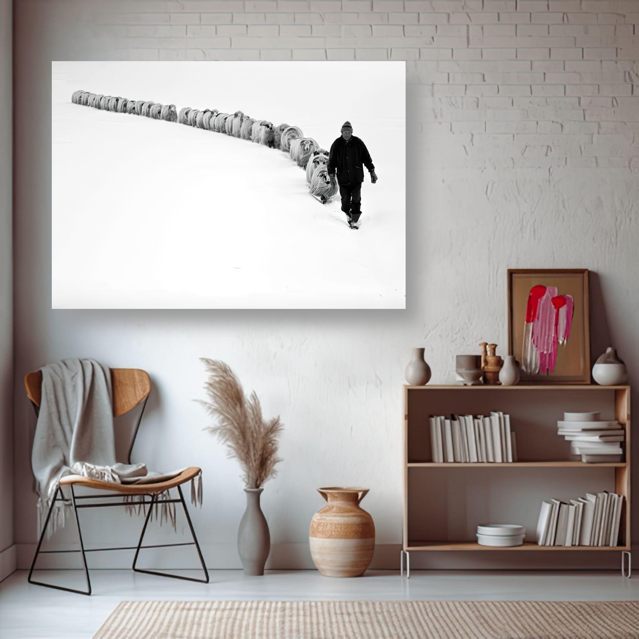 The Shepherd’s Trail Metal Print featuring a shepherd and flock in a snowy landscape, capturing unity and resilience.