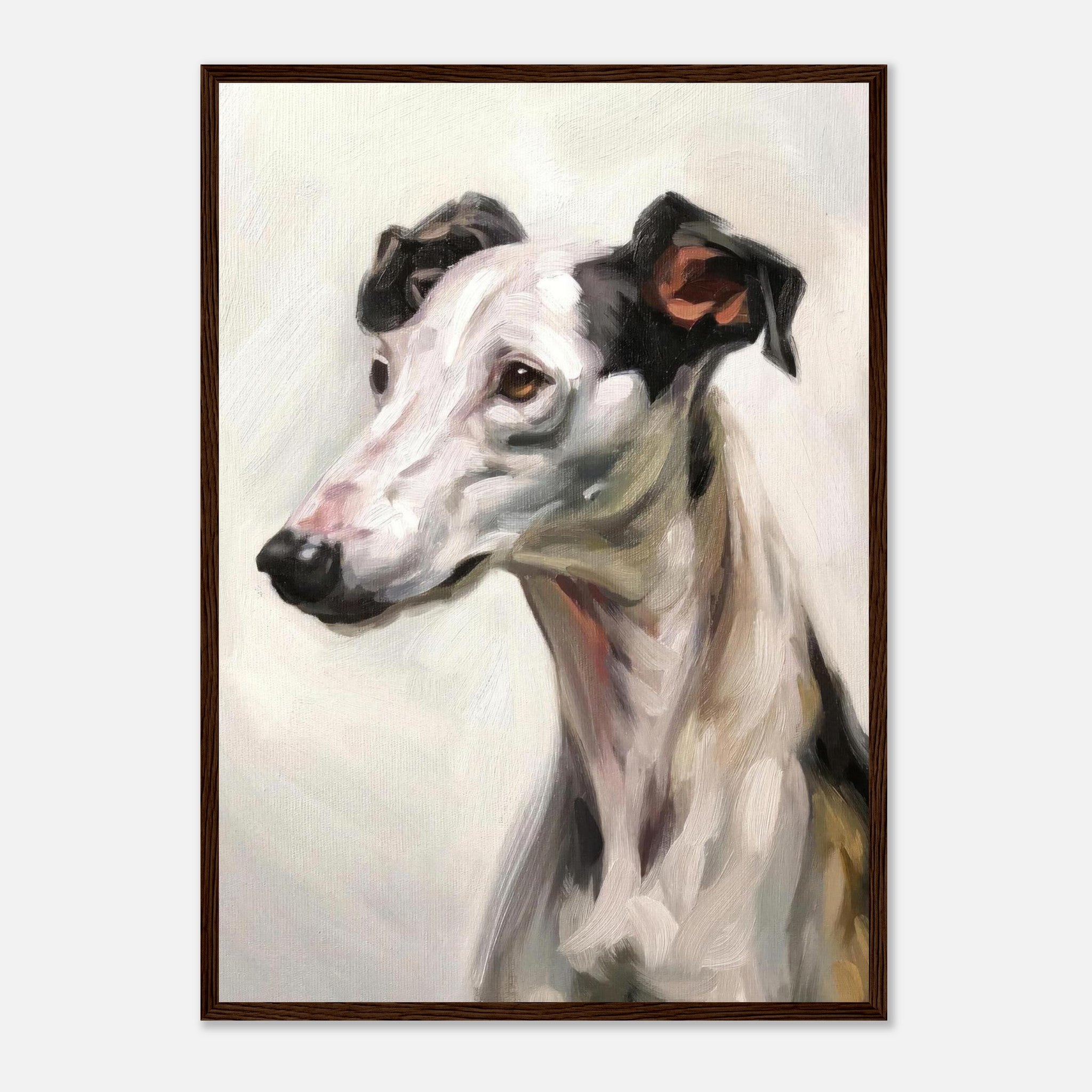 Framed painting of a Greyhound dog showcasing elegance and grace in a soft color palette.