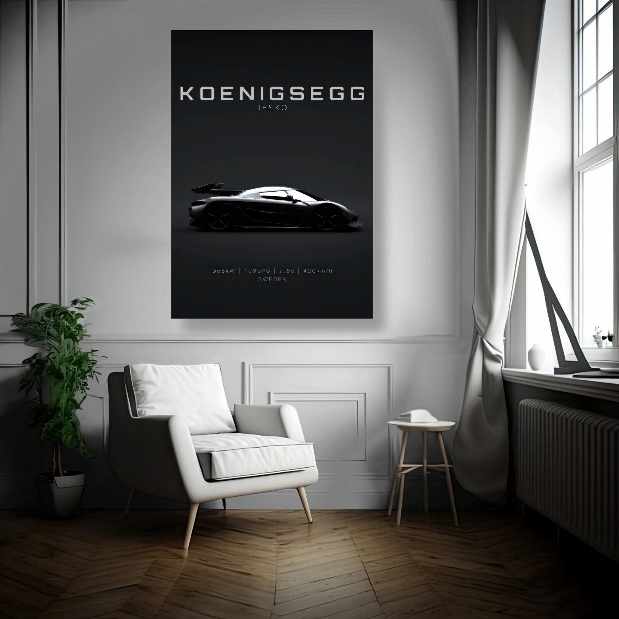 Koenigsegg Jesko metal print on wall, featuring sleek silhouette and minimalist black background, perfect for automotive decor.
