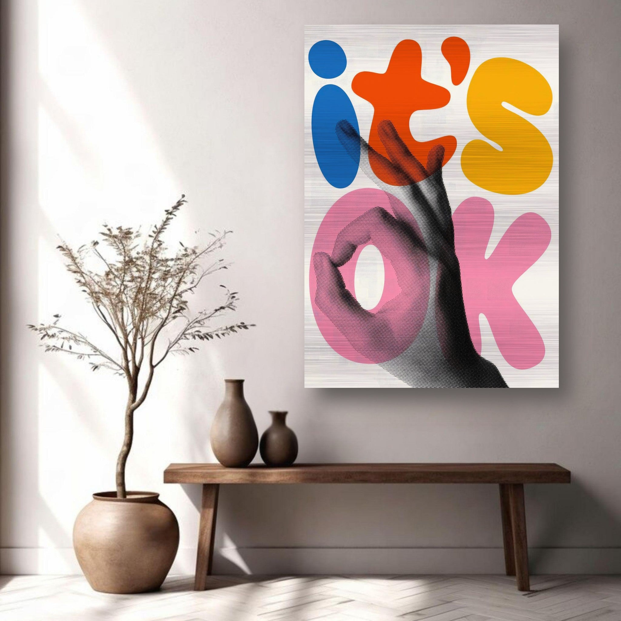 Retro Abstract Pop Art print 'It's OK' on wall with hand gesture, vibrant colors and modern design.
