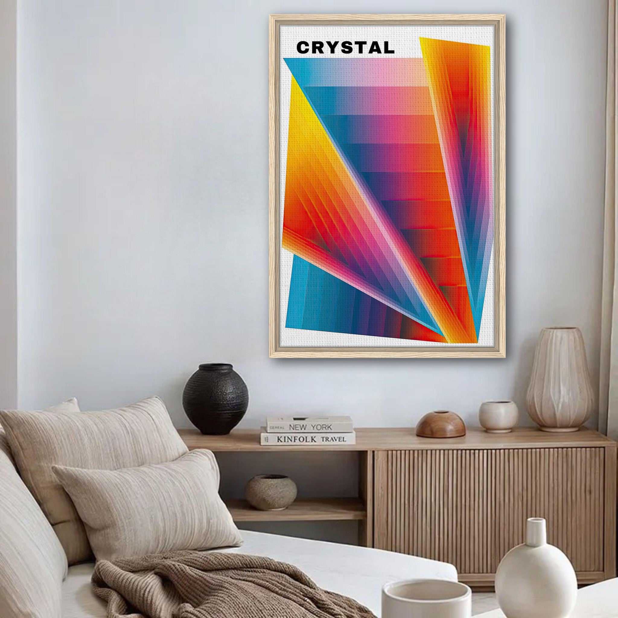 Framed Crystal Abstract Art Canvas Print showcasing vibrant colors and geometric designs in a modern living space.