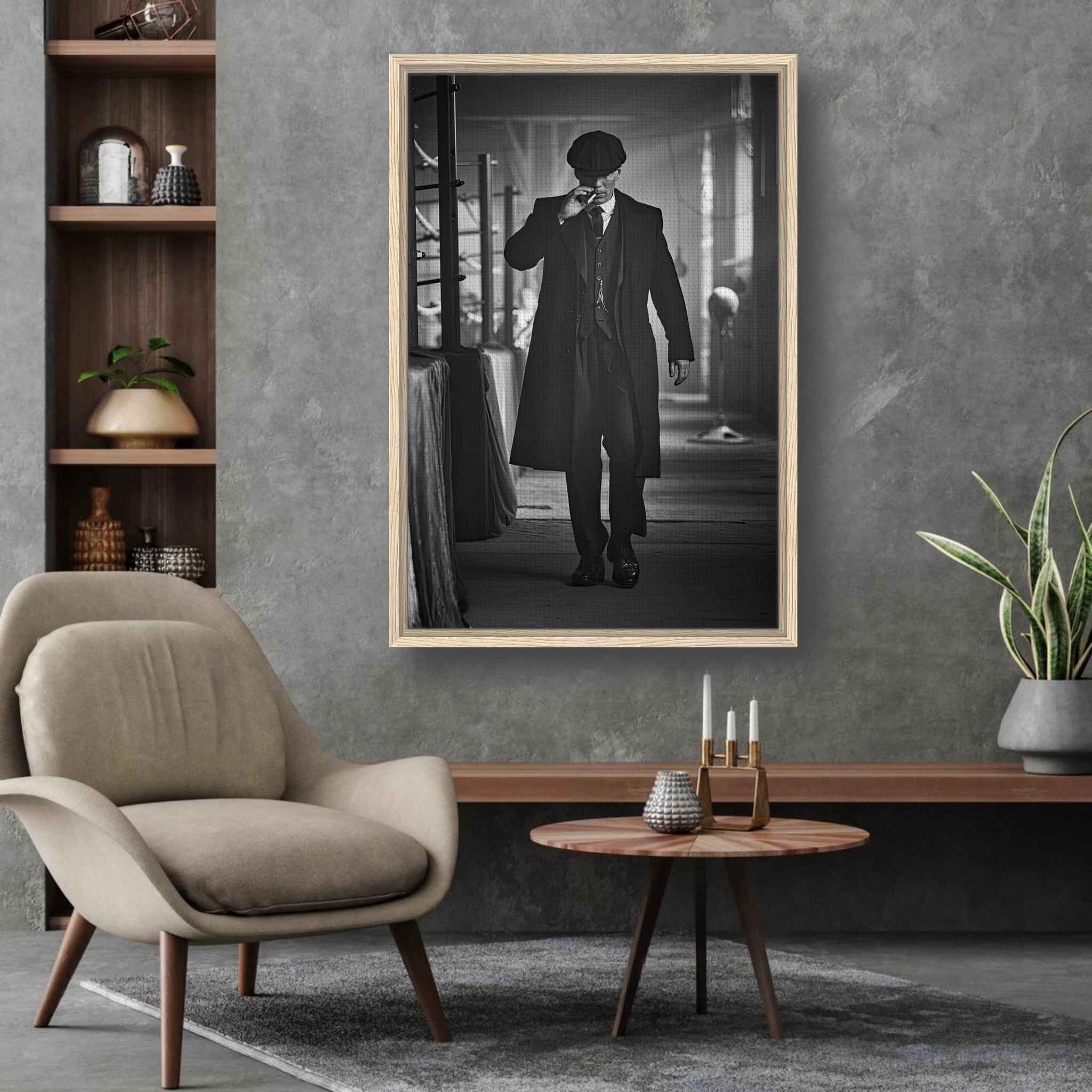 Tommy Shelby Peaky Blinders framed canvas print in modern living room decor, showcasing monochromatic elegance.