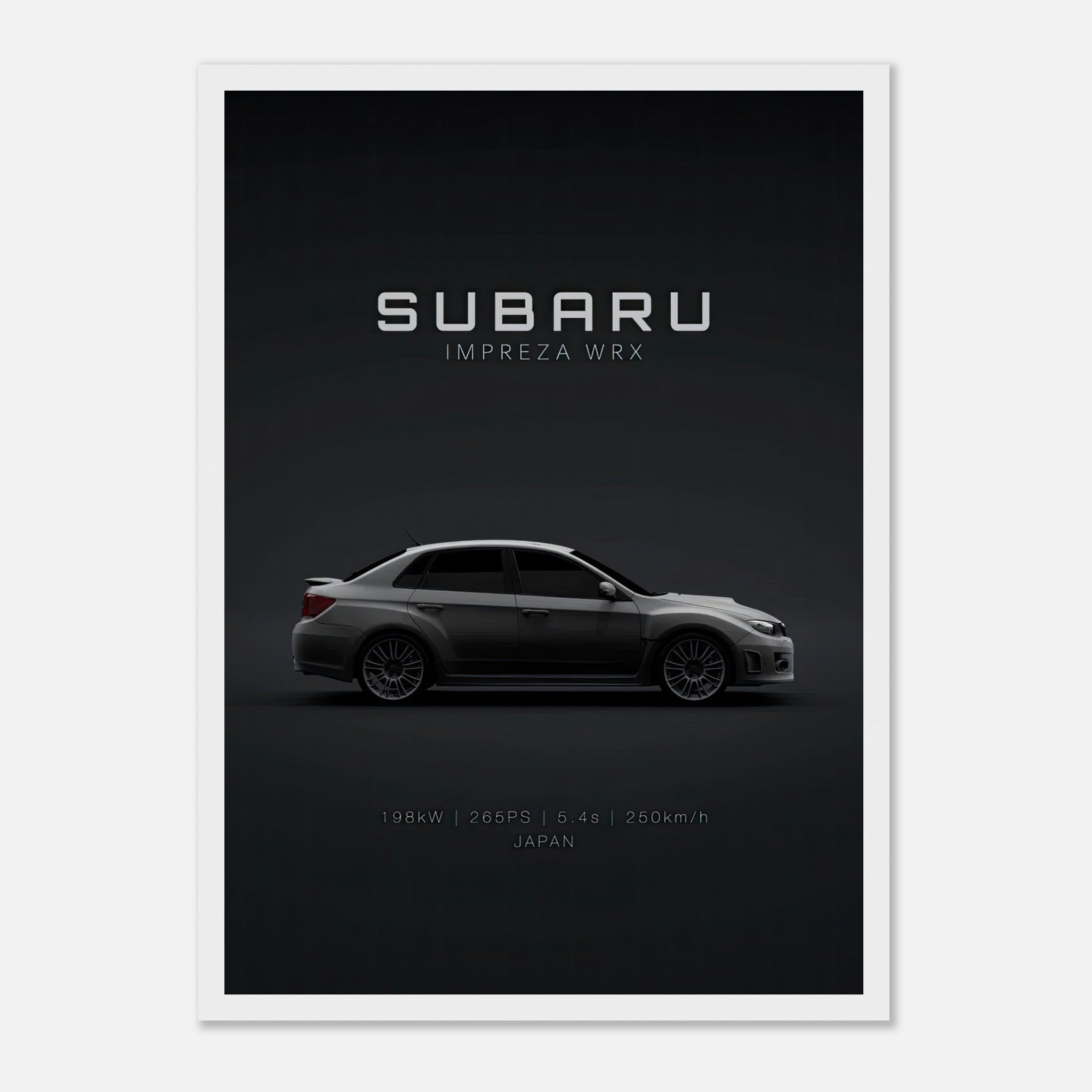 Framed poster of Subaru Impreza WRX showcasing sleek design and performance details on a dark background.
