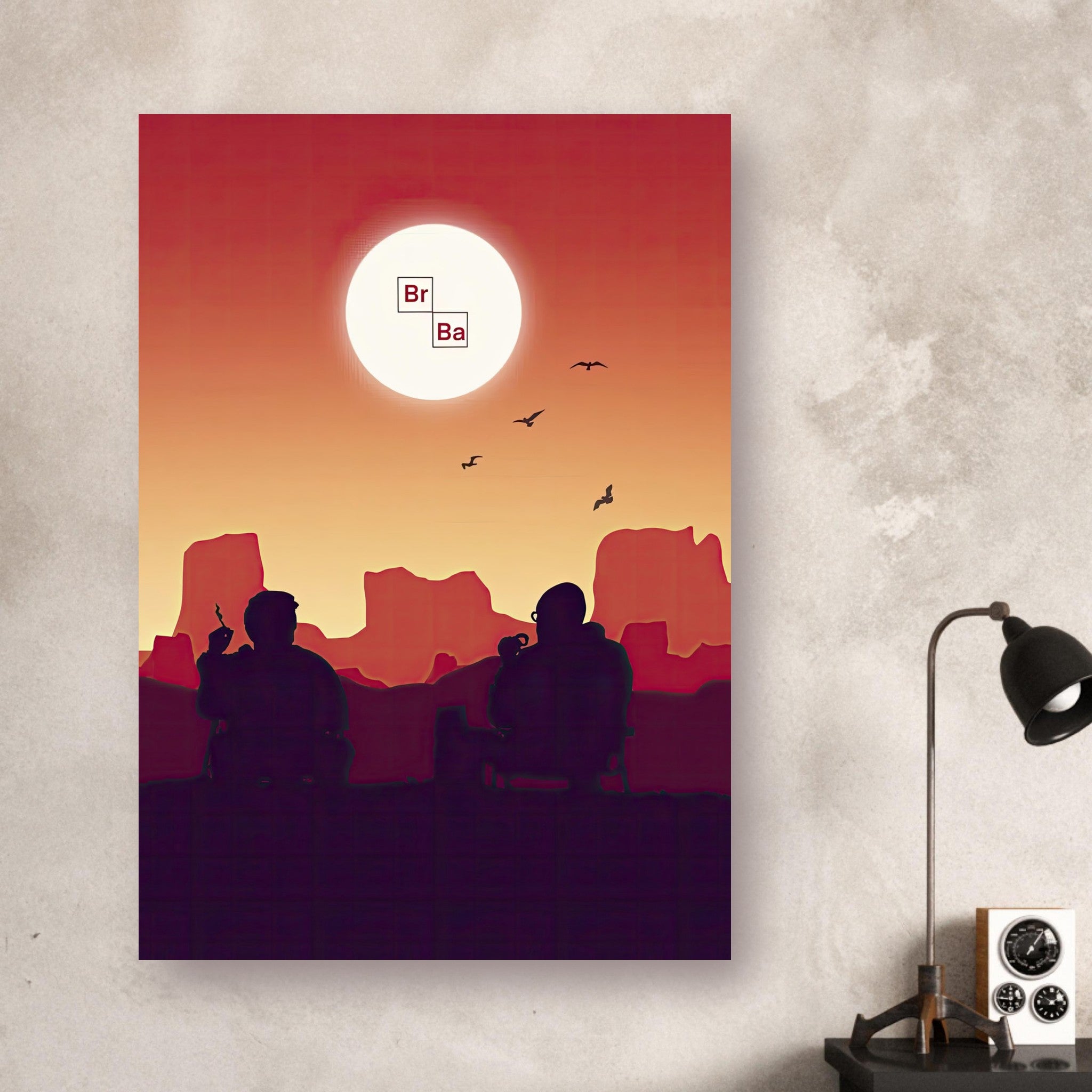 Sunset Breaking Bad metal poster featuring iconic duo silhouetted against a vibrant sunset backdrop.