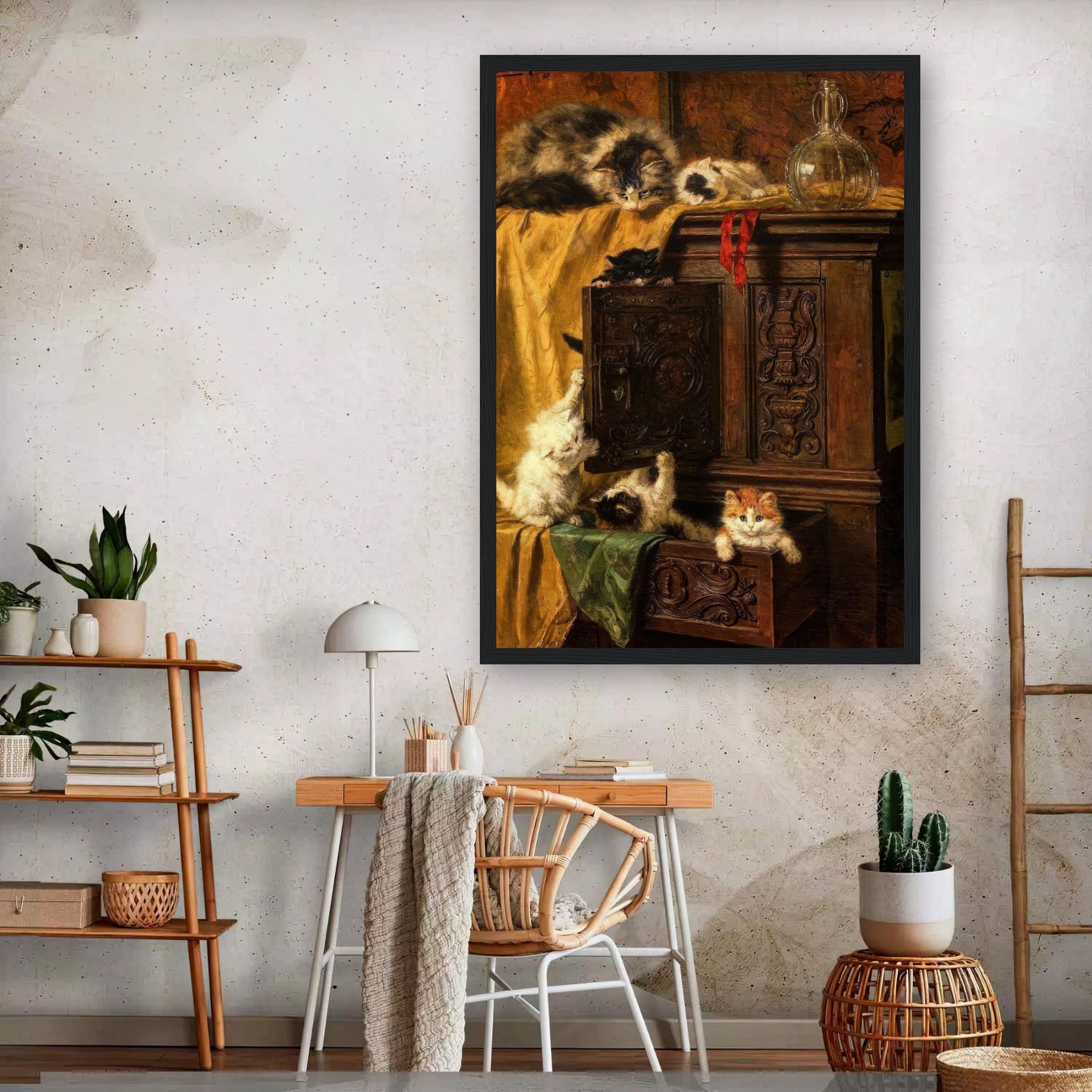 Vintage Cat Painting Framed Print showcasing playful kittens by an antique cabinet in a cozy home setting.
