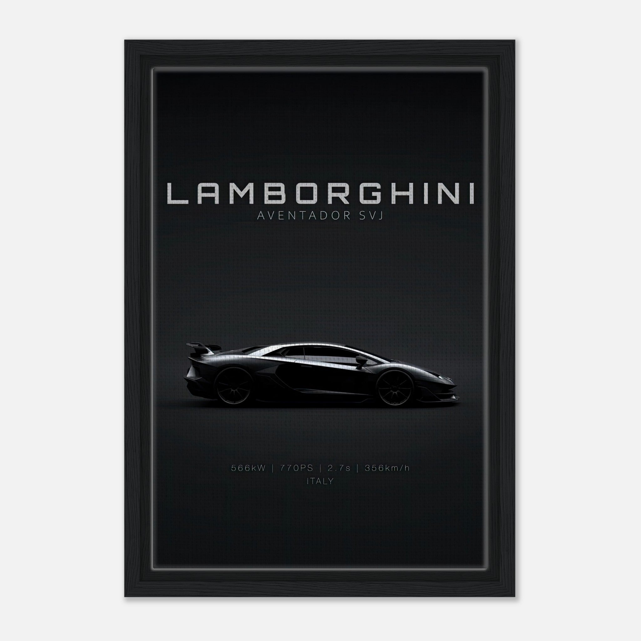Lamborghini Aventador SVJ framed canvas artwork with sleek black background and detailed silhouette.