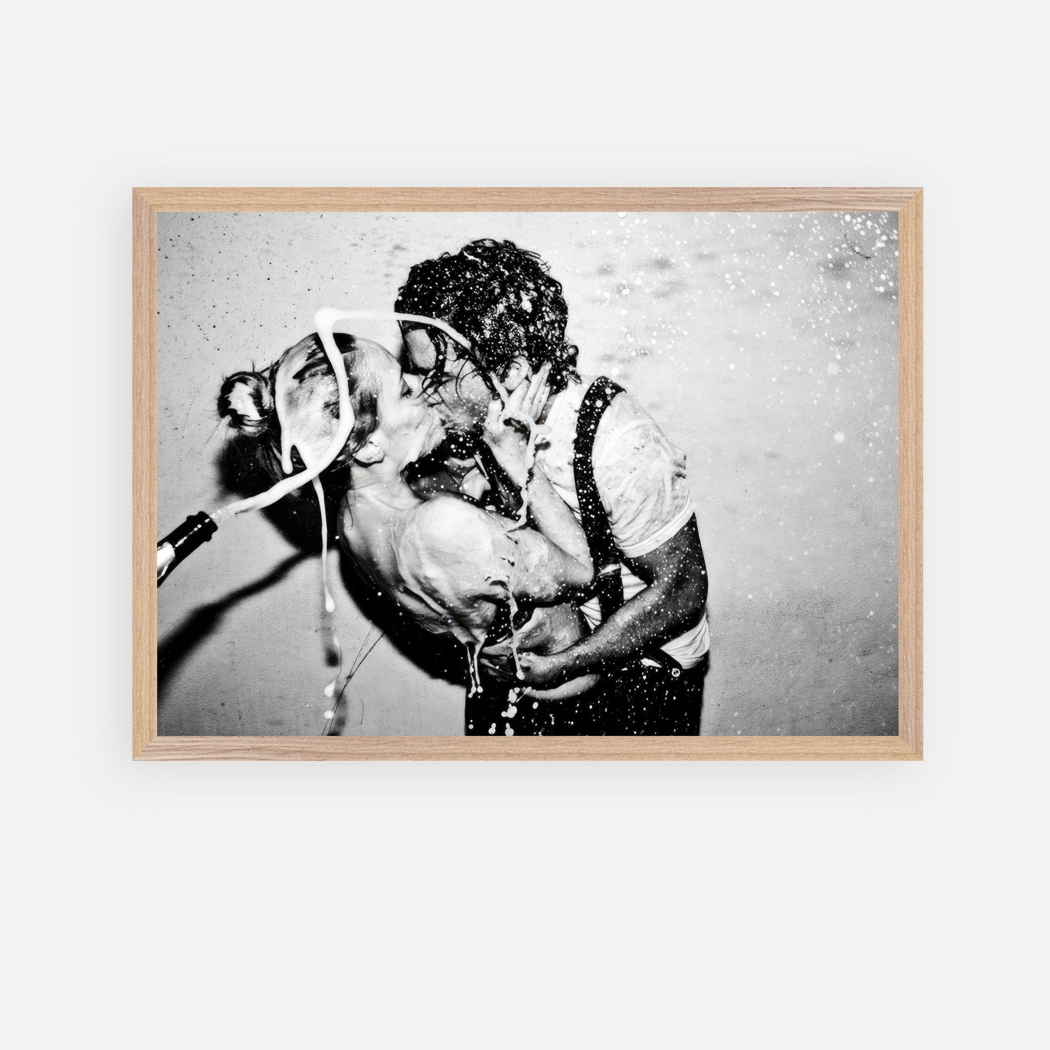 The Champagne Kiss fine art print of Johnny Depp and Kate Moss in a passionate black-and-white image by Tyler Shields.