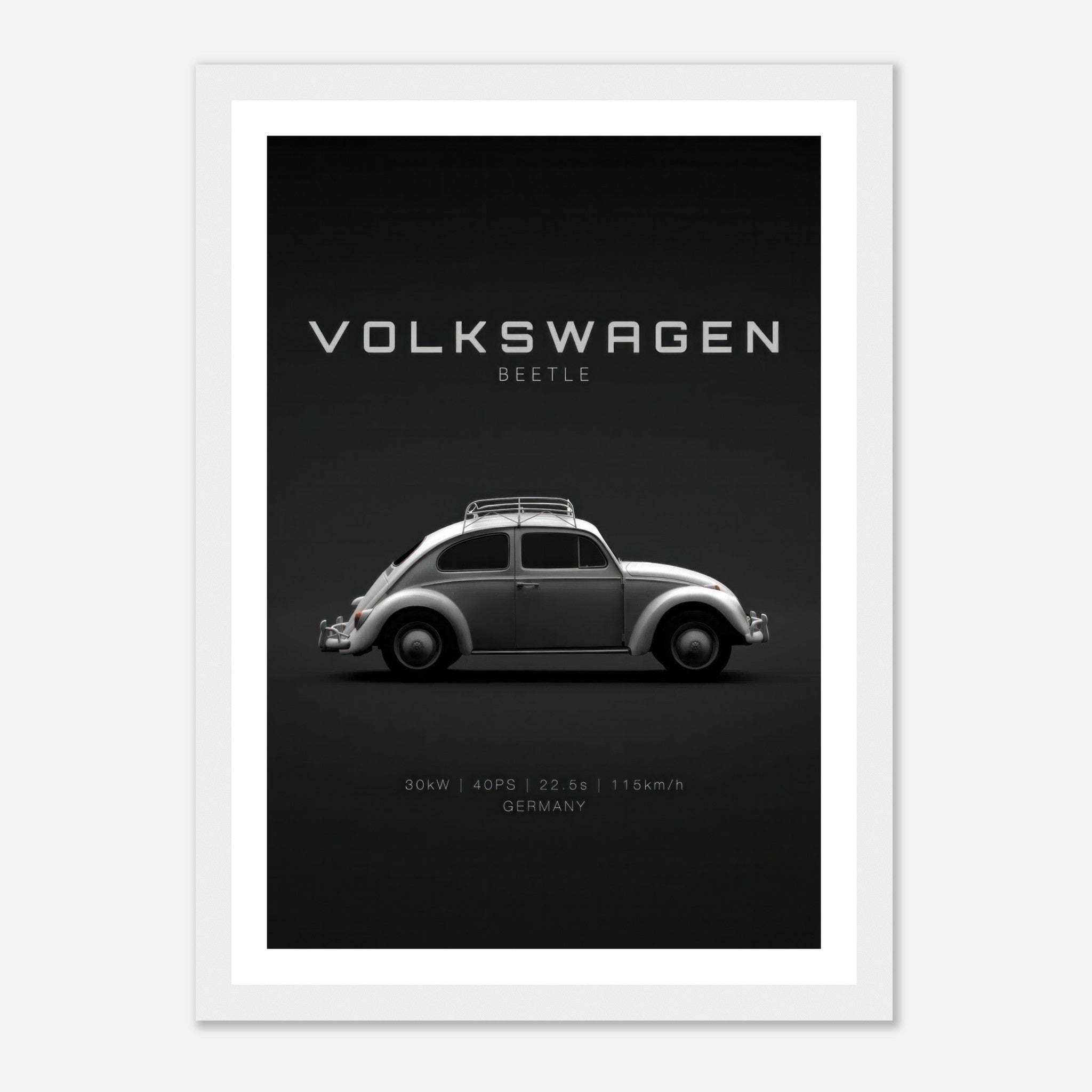Volkswagen Beetle framed poster featuring sleek side profile on a black background, highlighting vintage automotive design.