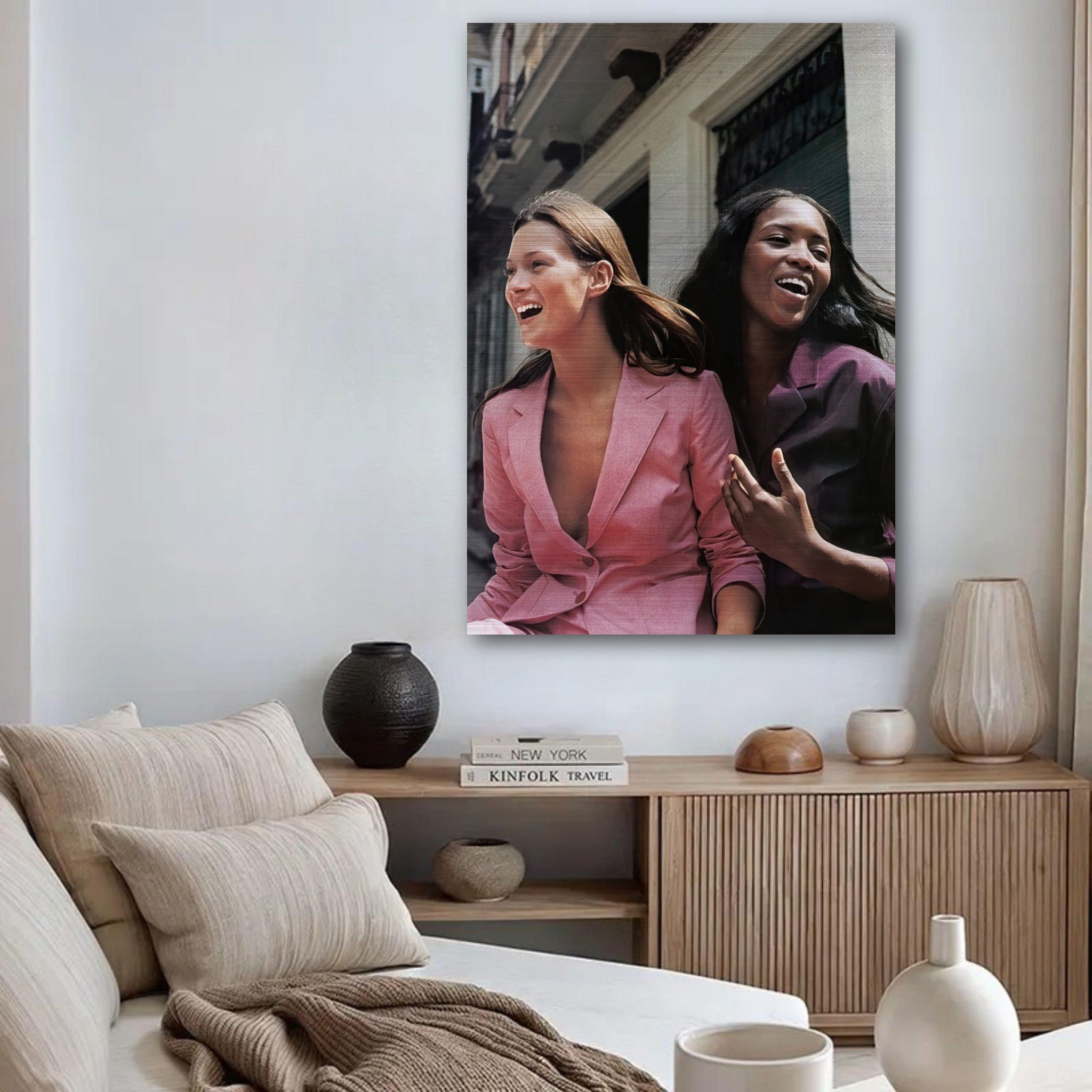Naomi Campbell x Kate Moss Brushed Metal Print showcasing two iconic supermodels in a moment of elegance and joy.