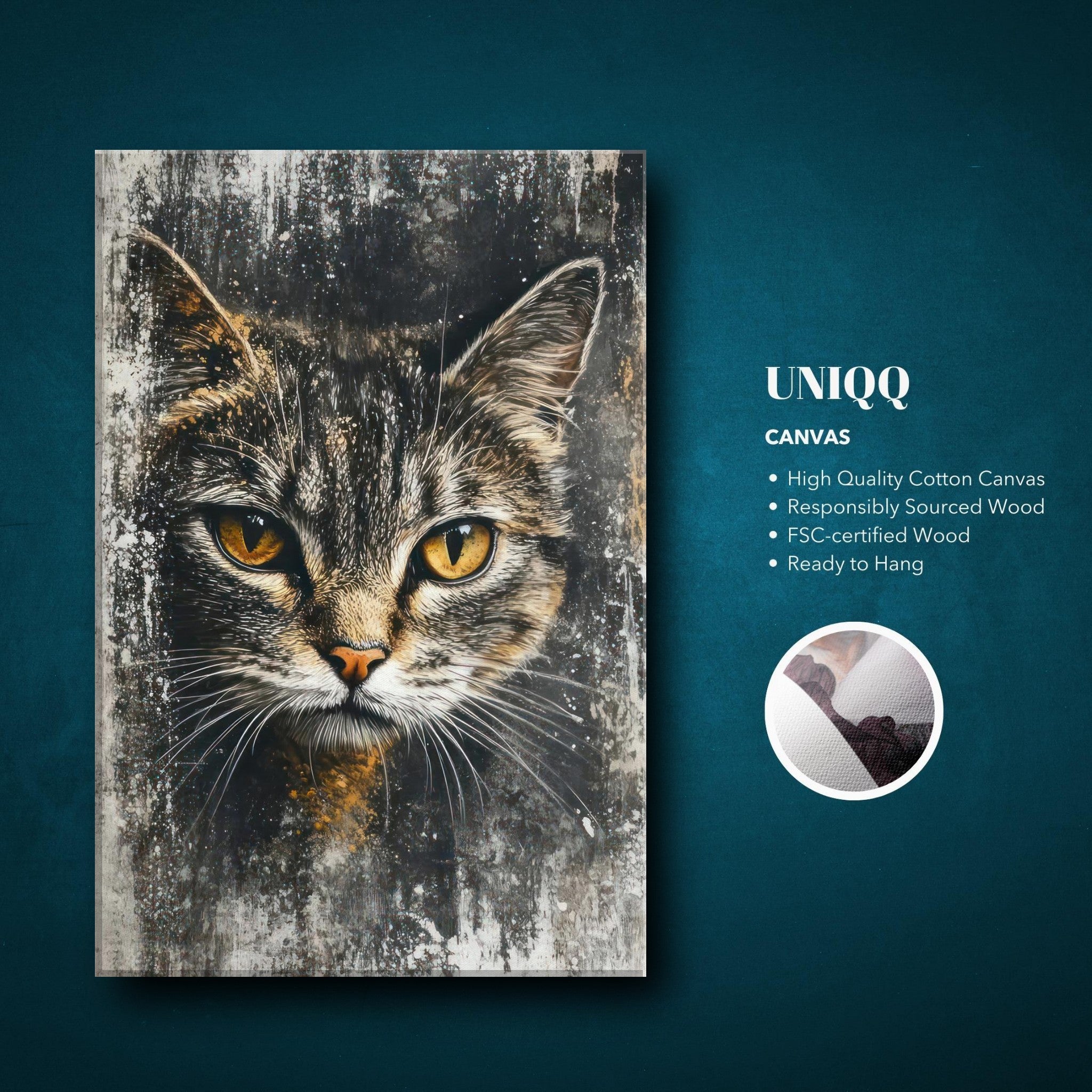 Close-up of a cat painting artwork canvas print with golden eyes on a textured background.