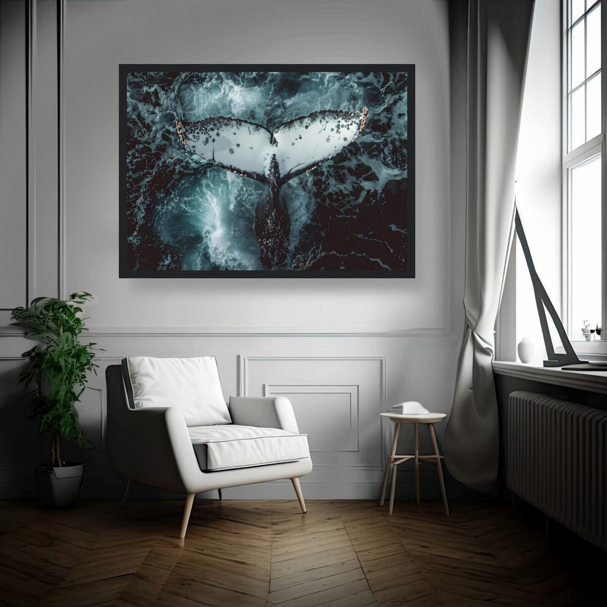 Humpback whale framed print showcasing tail in vibrant ocean colors, enhancing modern home decor.