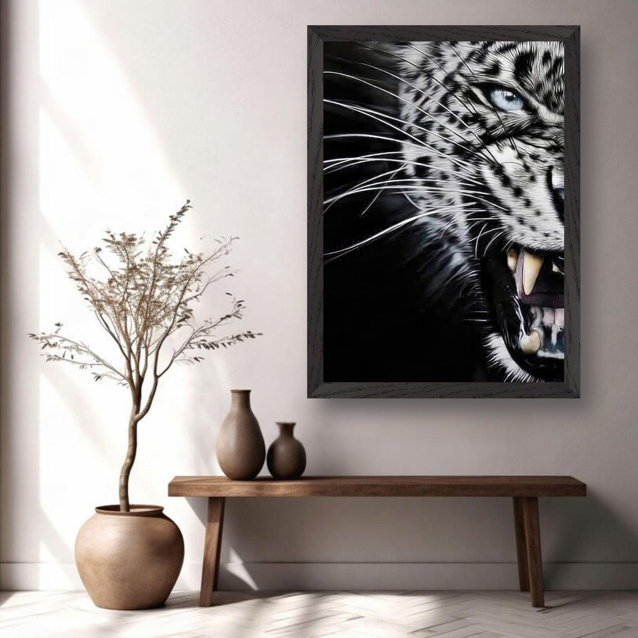 Close-up of a fierce white tiger portrait in a vintage frame, showcasing intense eyes and sharp fangs.