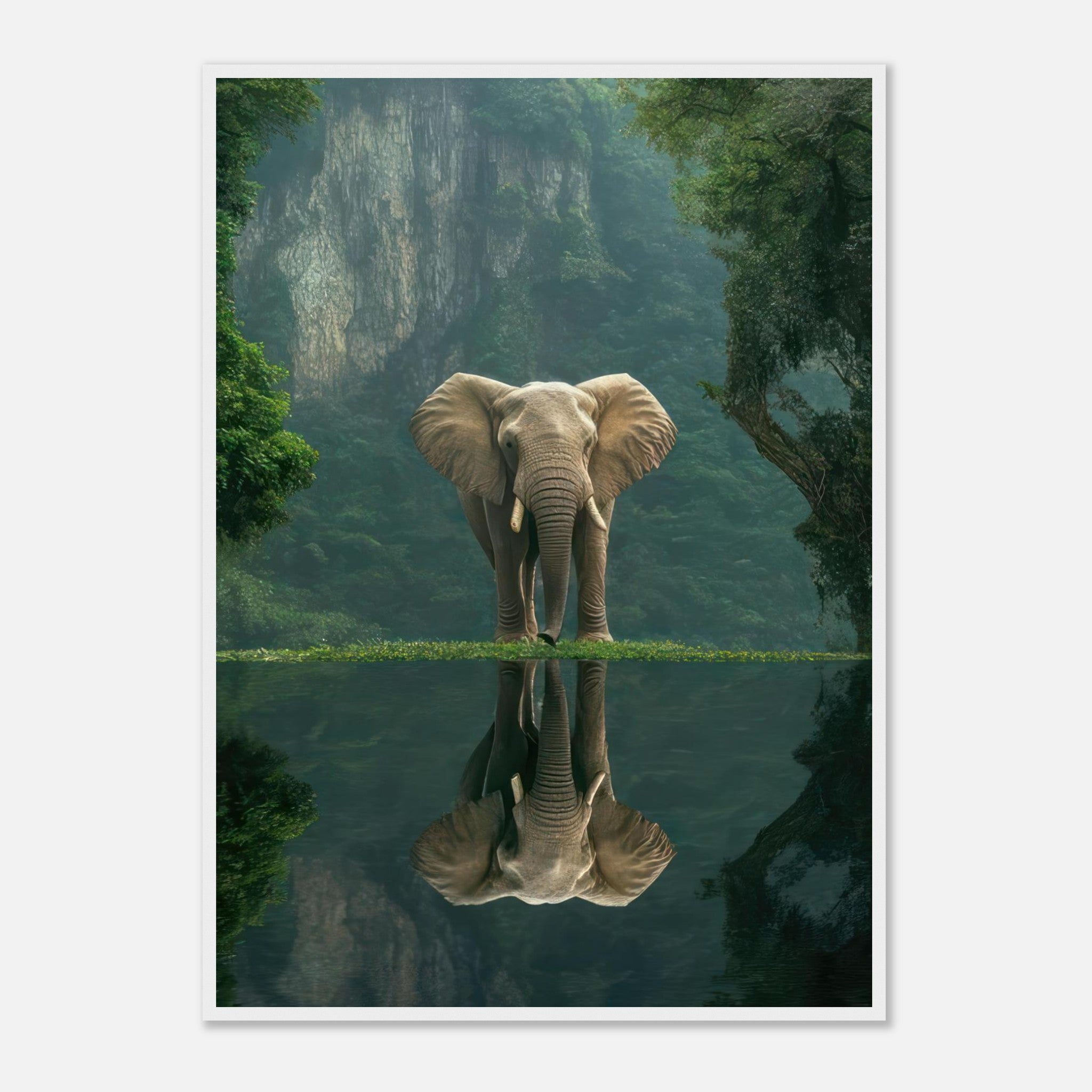 Majestic jungle elephant portrait with reflection in water, framed print showcasing nature's beauty.