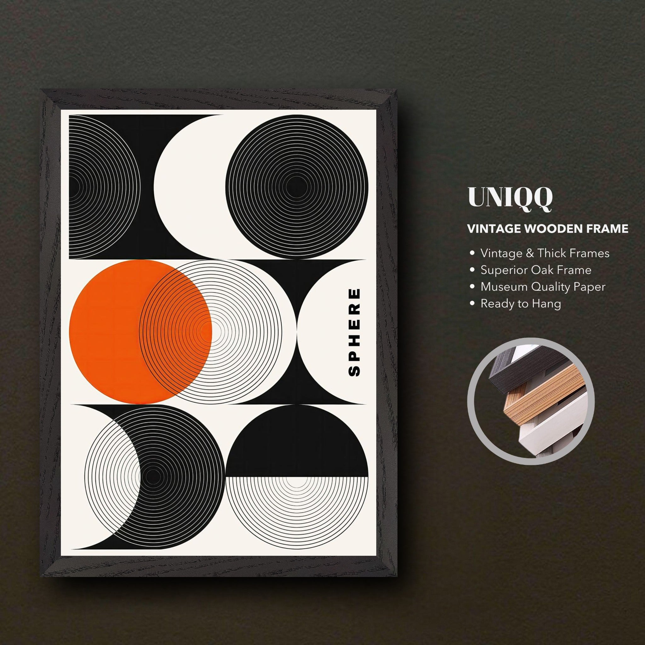 Abstract geometric sphere art print in a vintage frame, featuring circles in black, white, and orange, ready to hang.