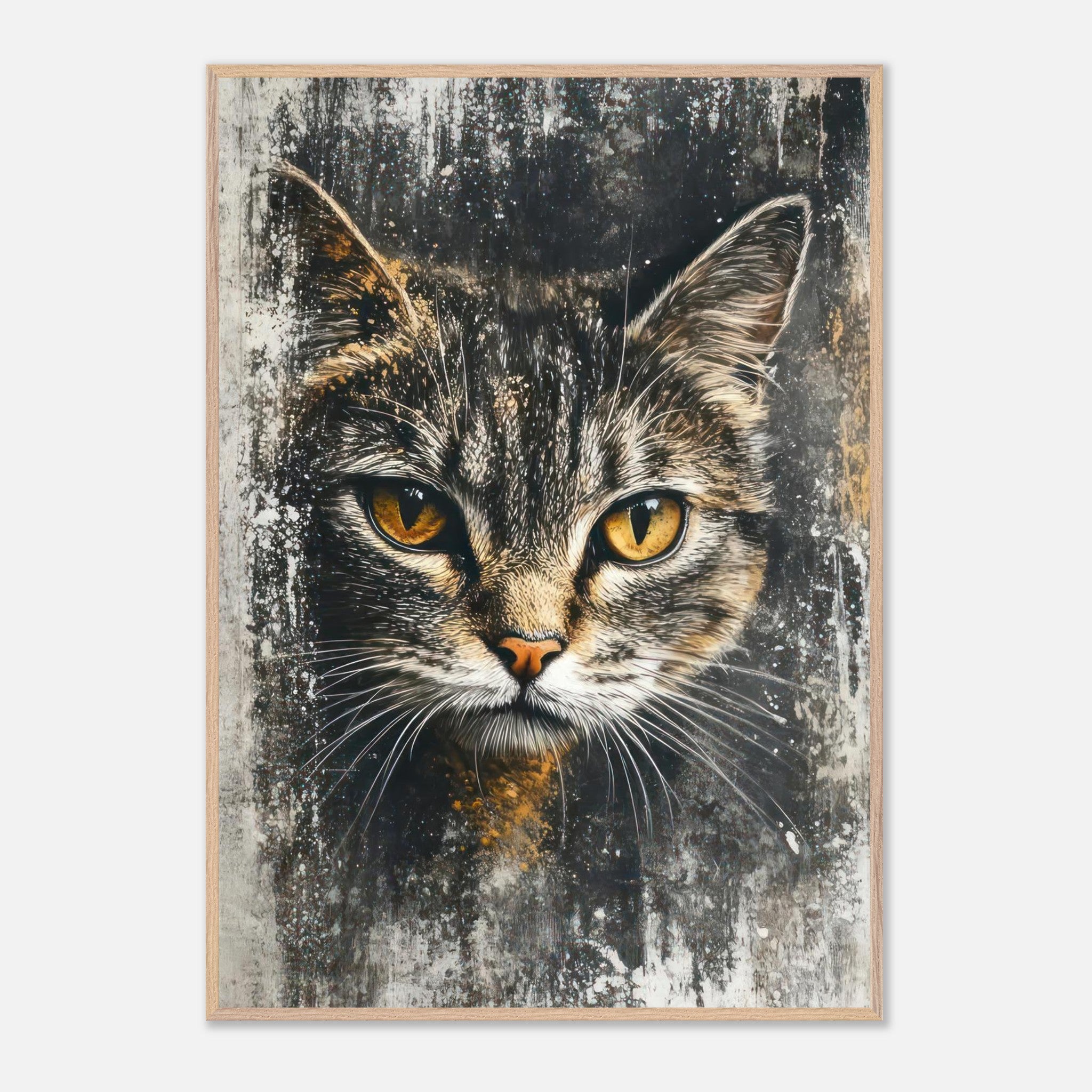 Cat painting artwork featuring piercing golden eyes and intricate fur details on a textured background.