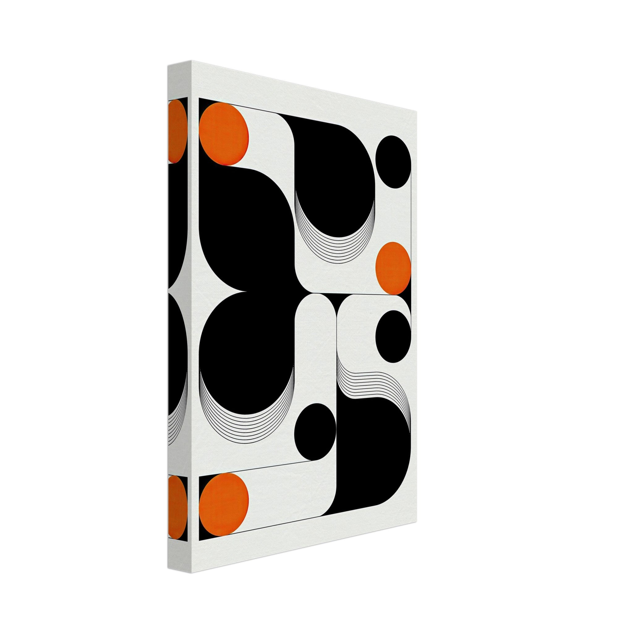 Modern geometric abstract art canvas print featuring bold black, white, and vibrant orange designs.